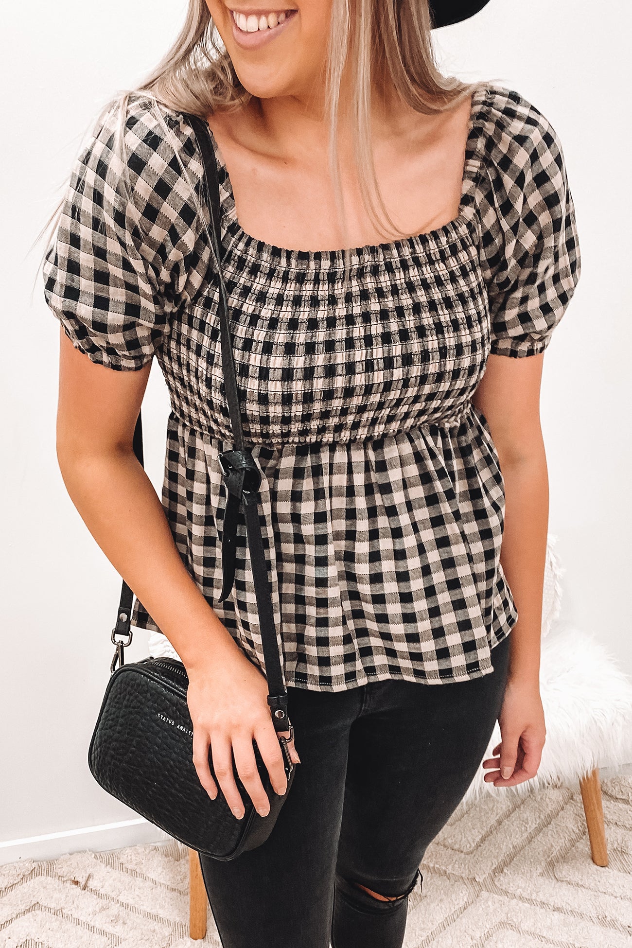 Millie Check Top Black Tan