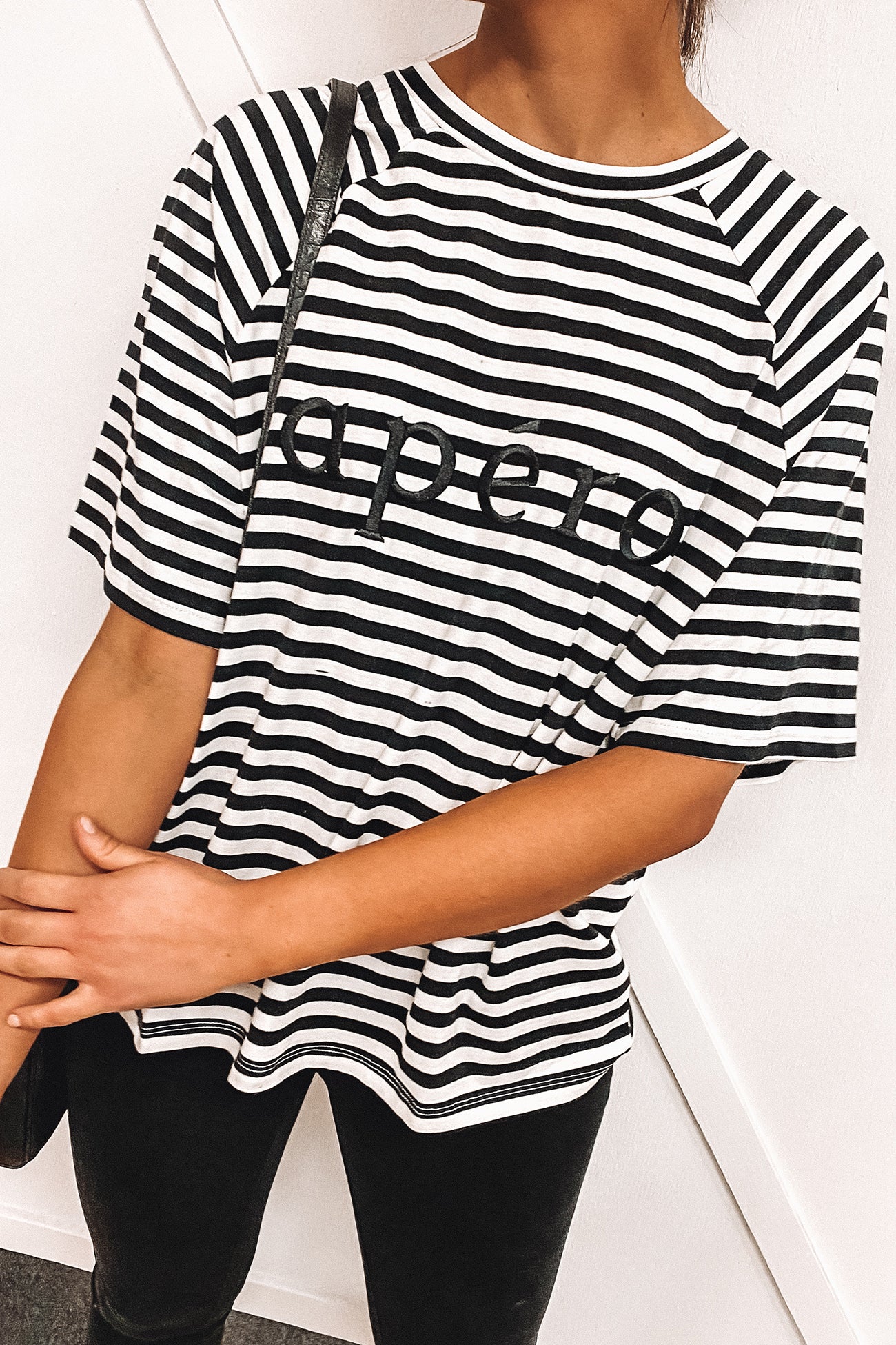 Pia Stripe Embroidered Oversized Tee Black White Stripe