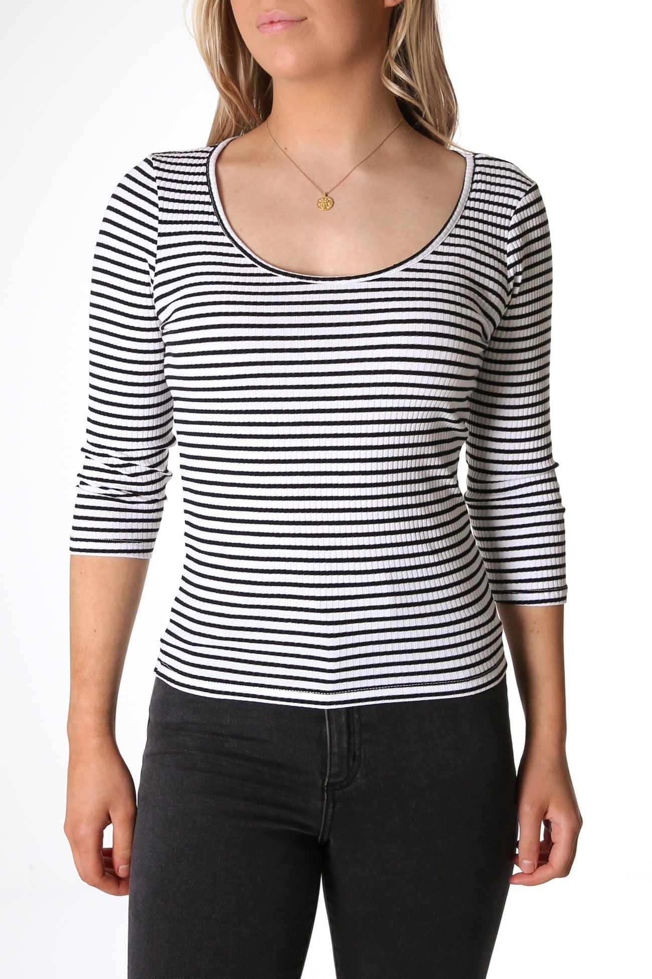 Rosa 3/4 Sleeve Rib Top White Black Stripe