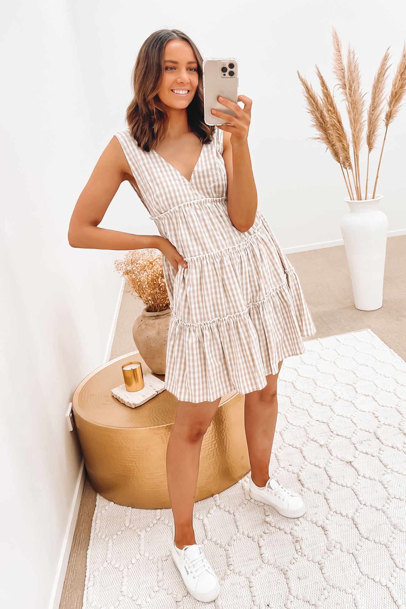 Simplicity Gingham Dress Beige