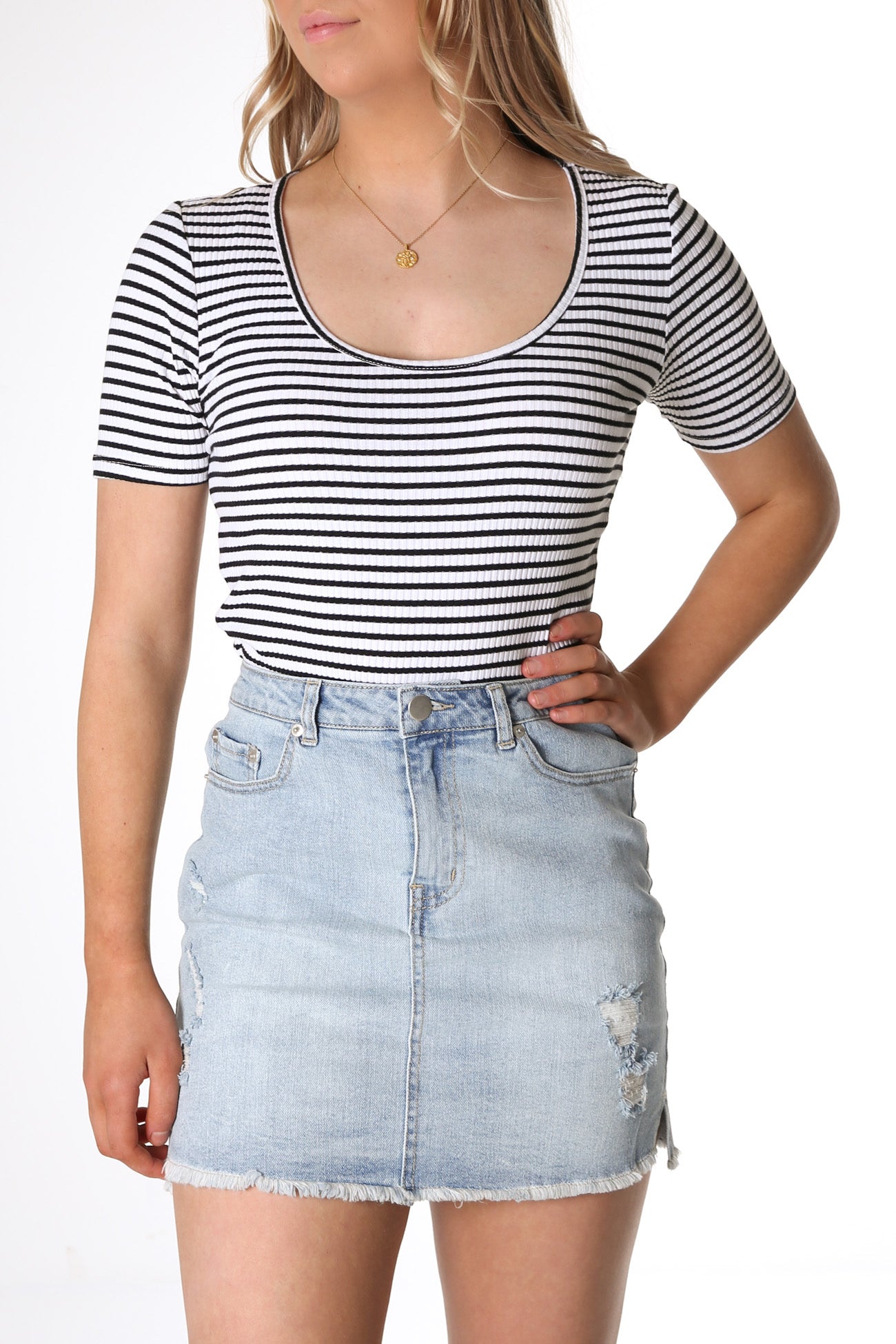 Stacey Rib Tee White Black Stripe