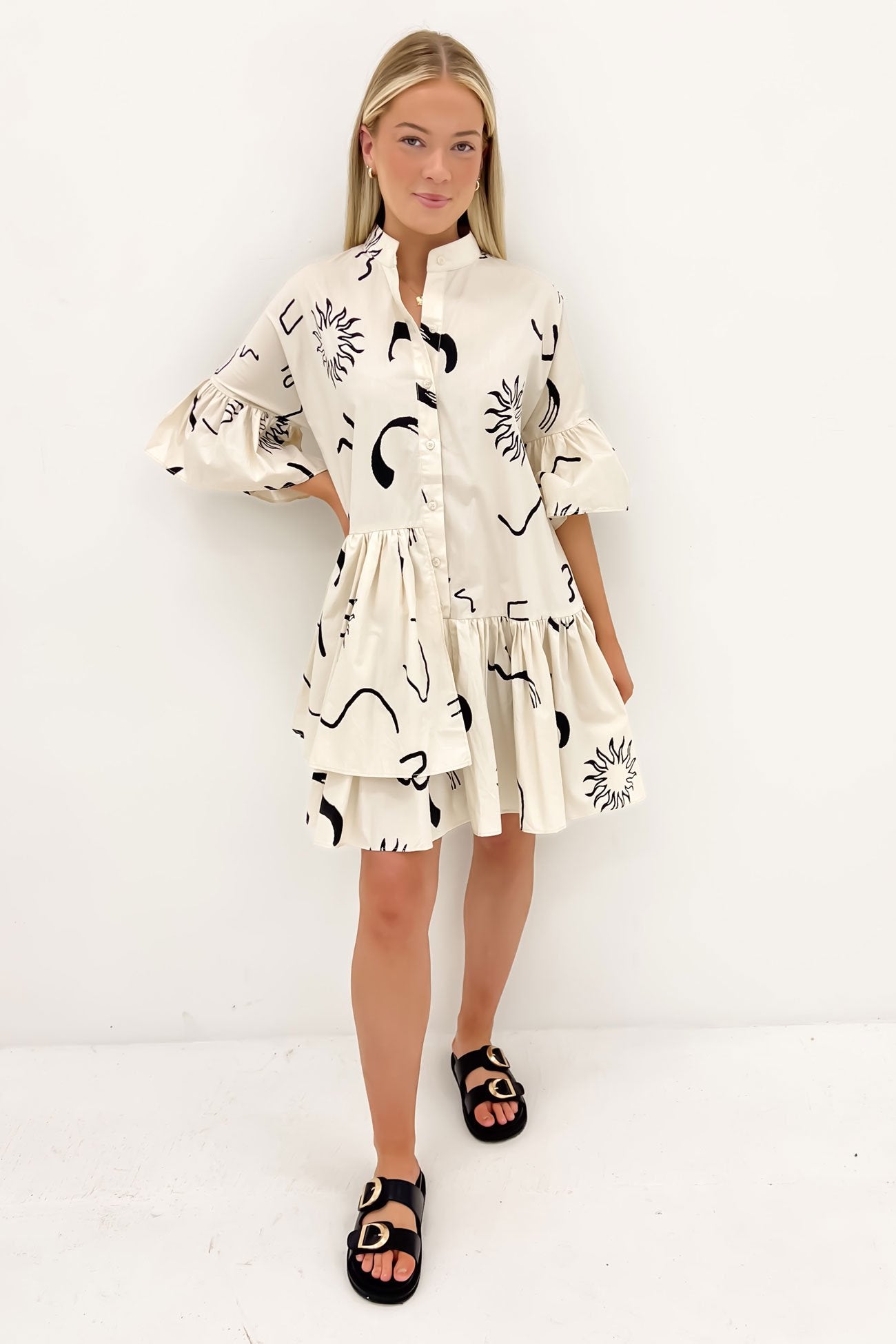 Talia Mini Dress Beige Black Swirl Sun