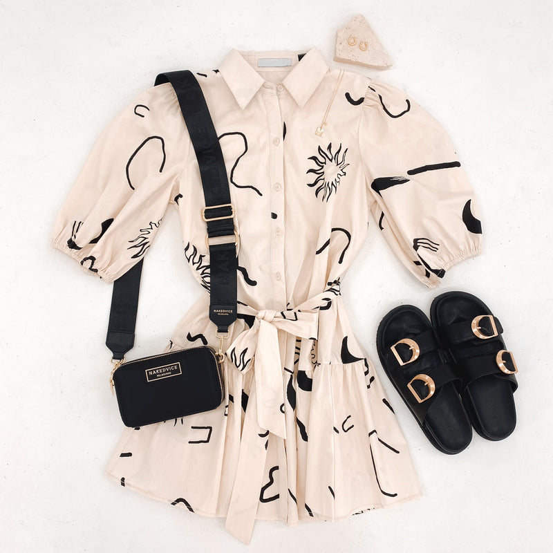 Georgi Mini Dress Beige Black Swirl Sun