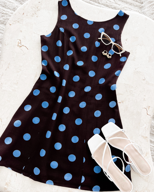 Gwen Mini Dress Chocolate Blue Polka Dot