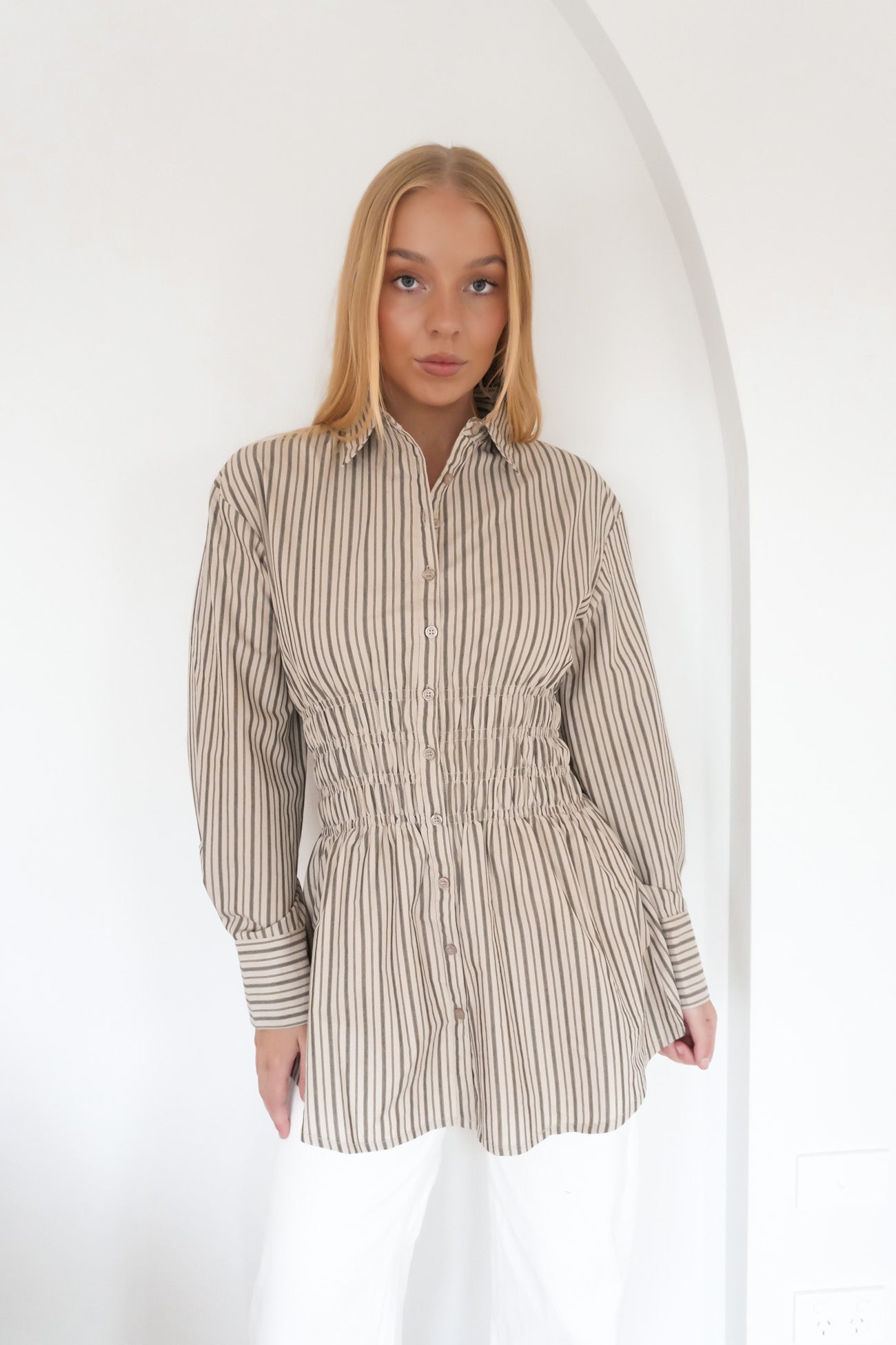 AAE Ruched Stripe Shirt Natural