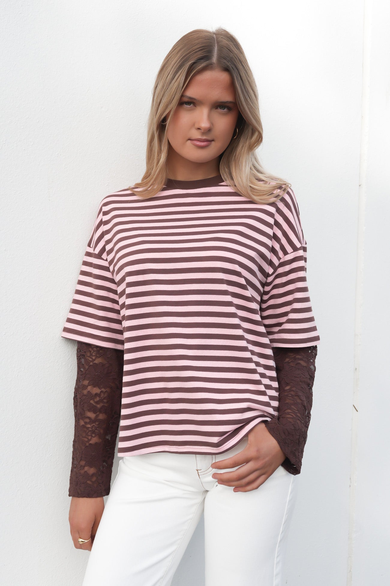 Amelia Lace Long Sleeve Tee Chocolate Pink Stripe