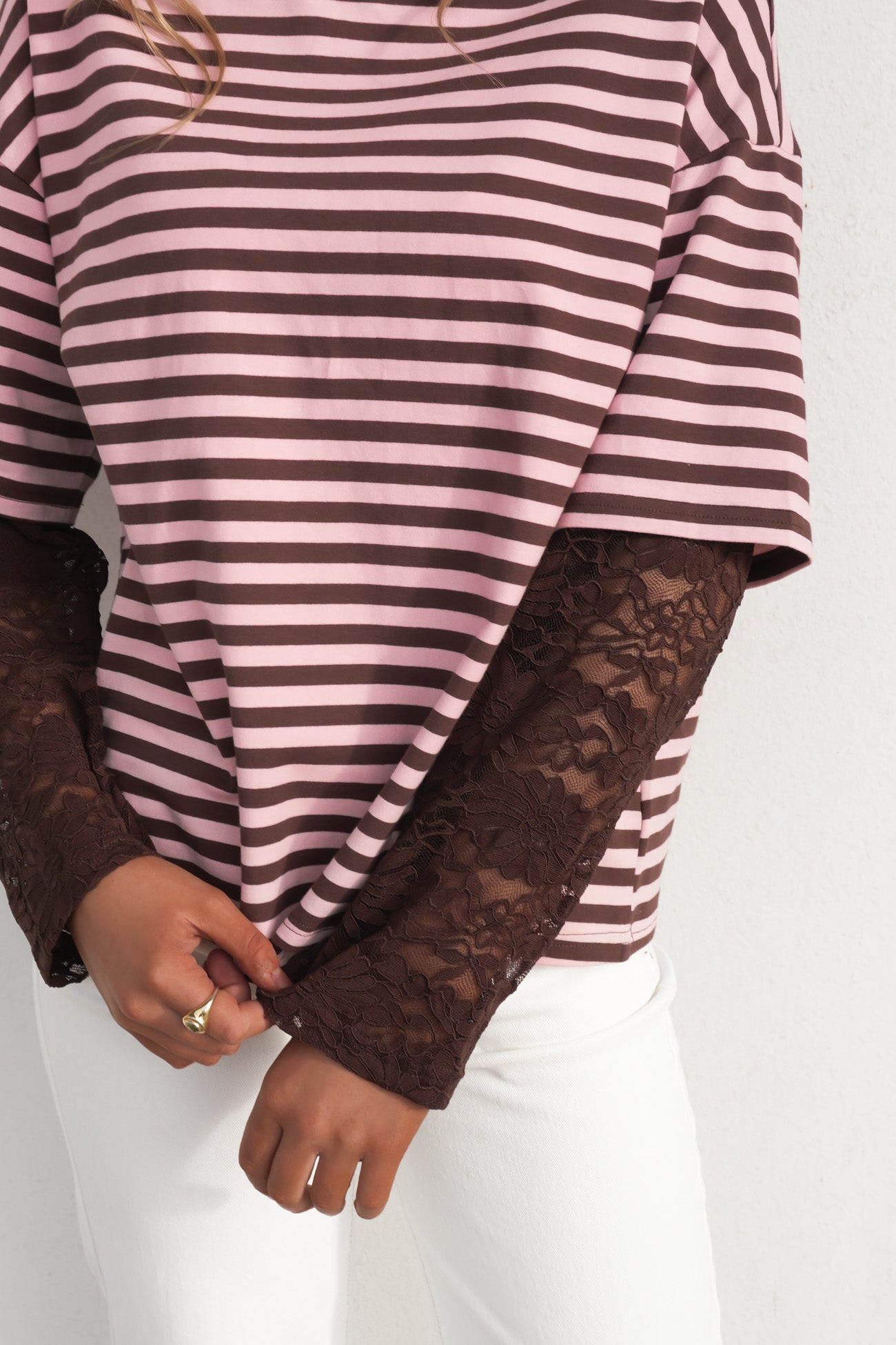 Amelia Lace Long Sleeve Tee Chocolate Pink Stripe