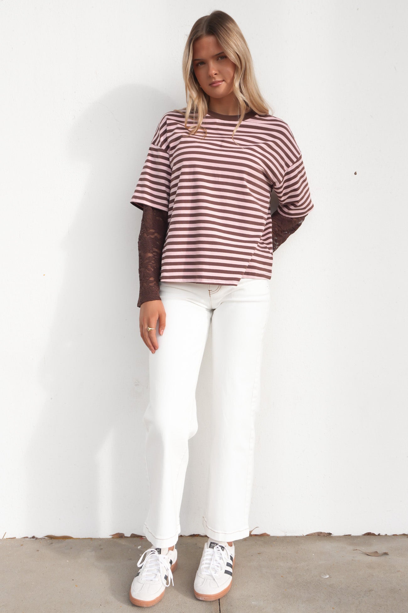 Amelia Lace Long Sleeve Tee Chocolate Pink Stripe