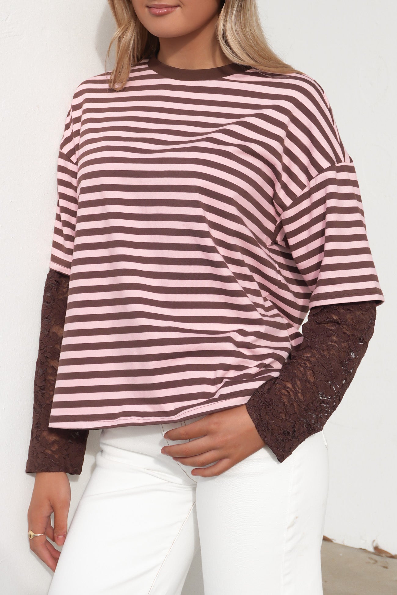 Amelia Lace Long Sleeve Tee Chocolate Pink Stripe