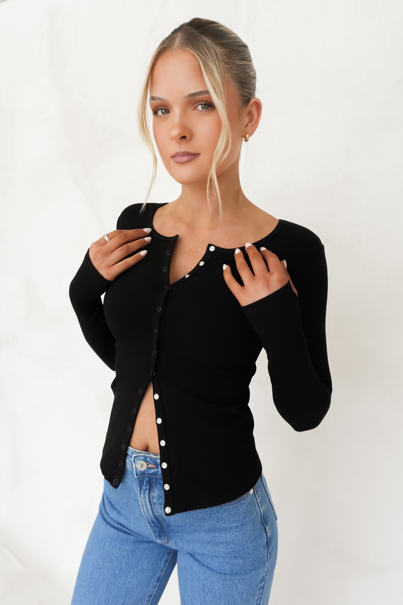 Brooklyn Rib Buttoned Top Black