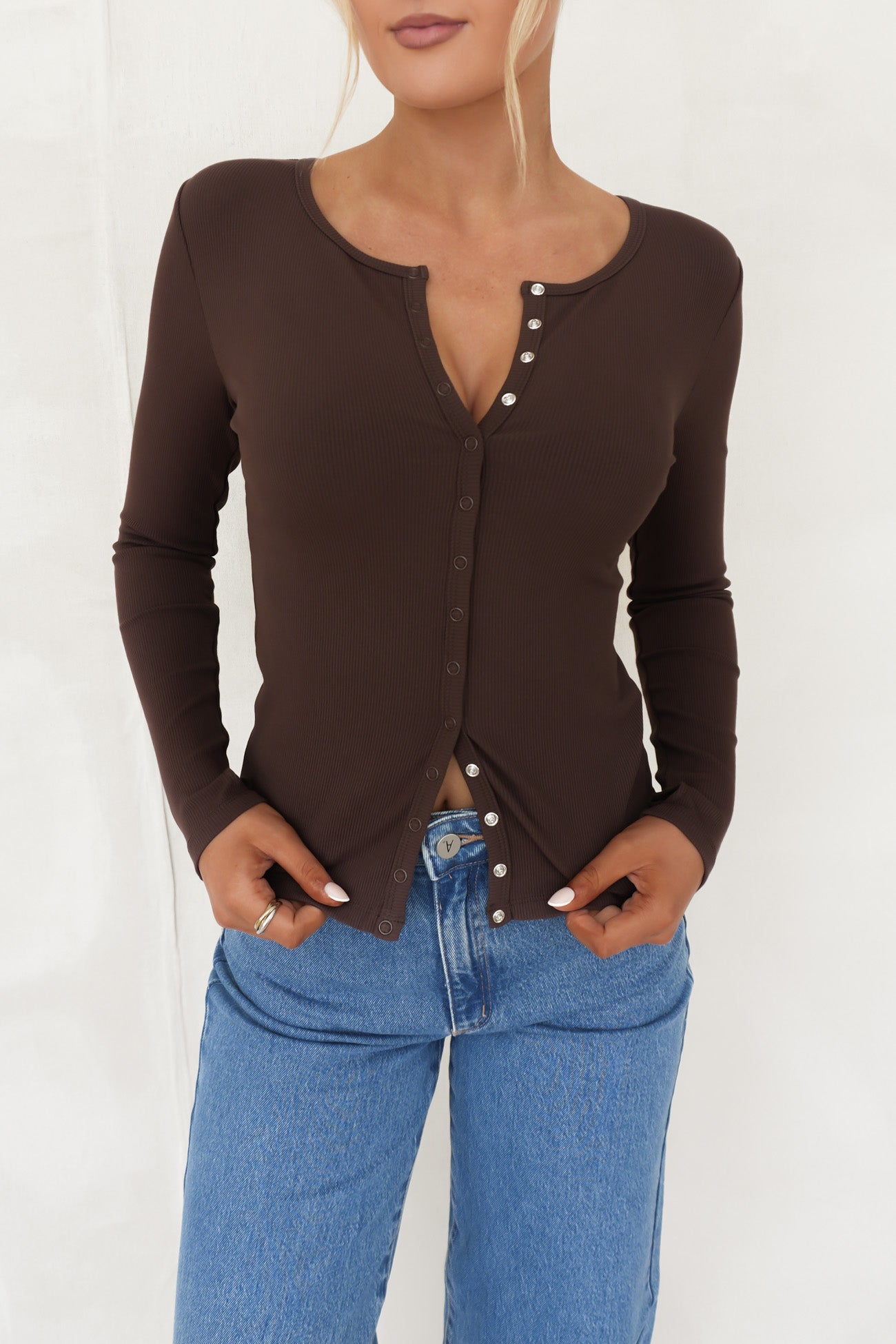 Brooklyn Rib Buttoned Top Chocolate