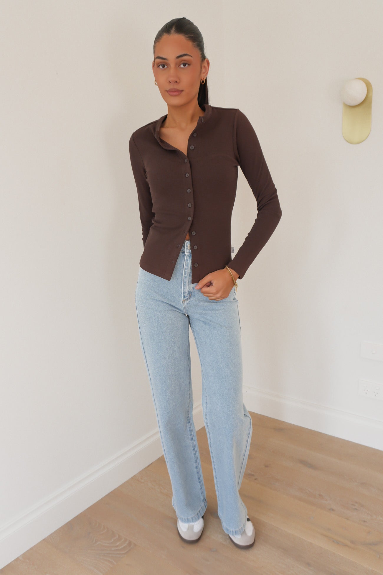 Button Up Long Sleeve Tee Chocolate