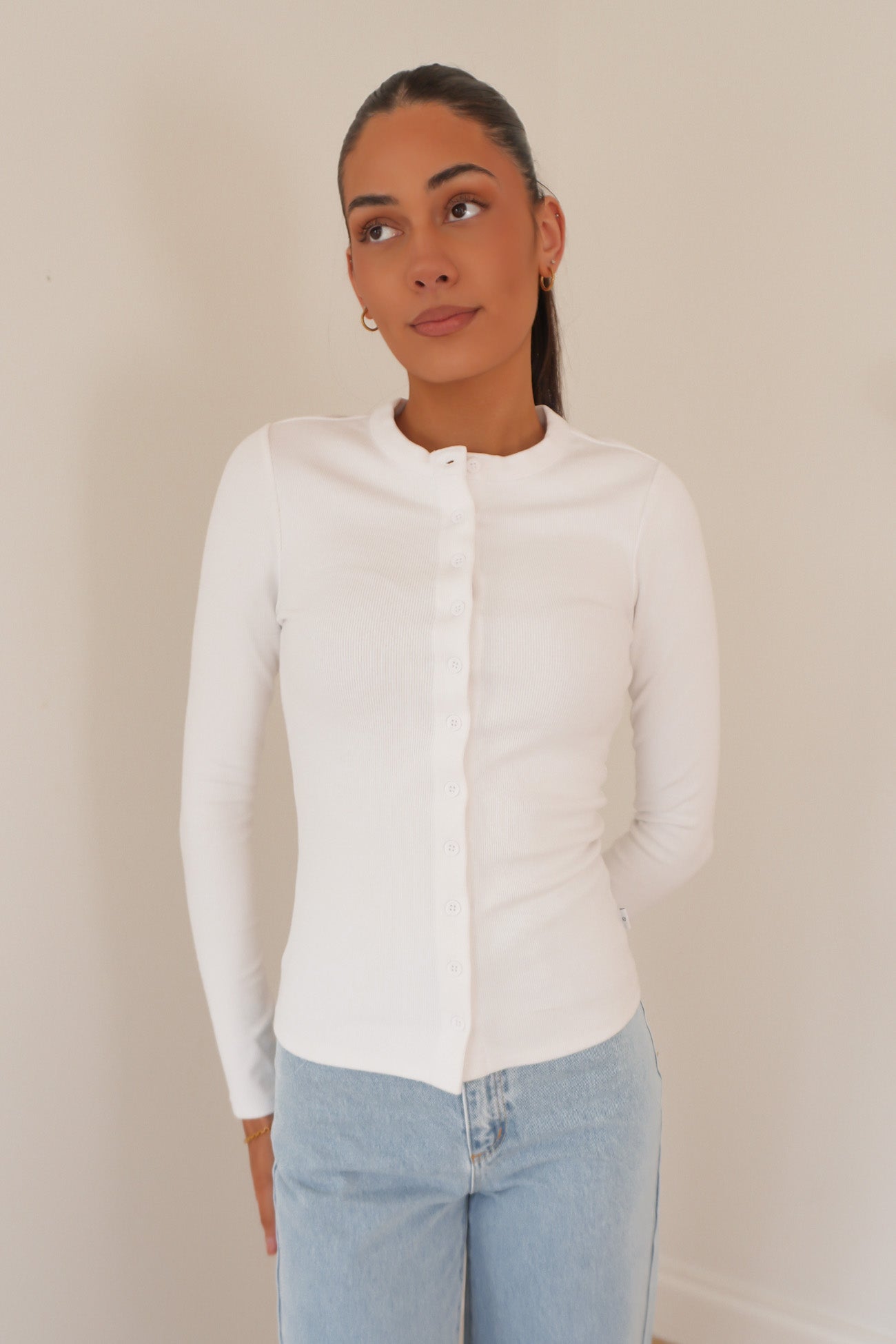 Button Up Long Sleeve Tee White