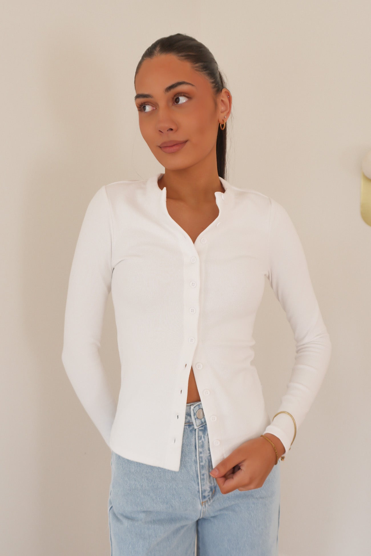 Button Up Long Sleeve Tee White