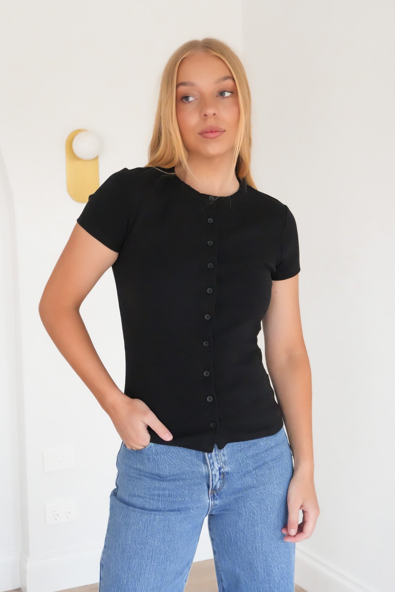 Button Up Short Sleeve Tee Black