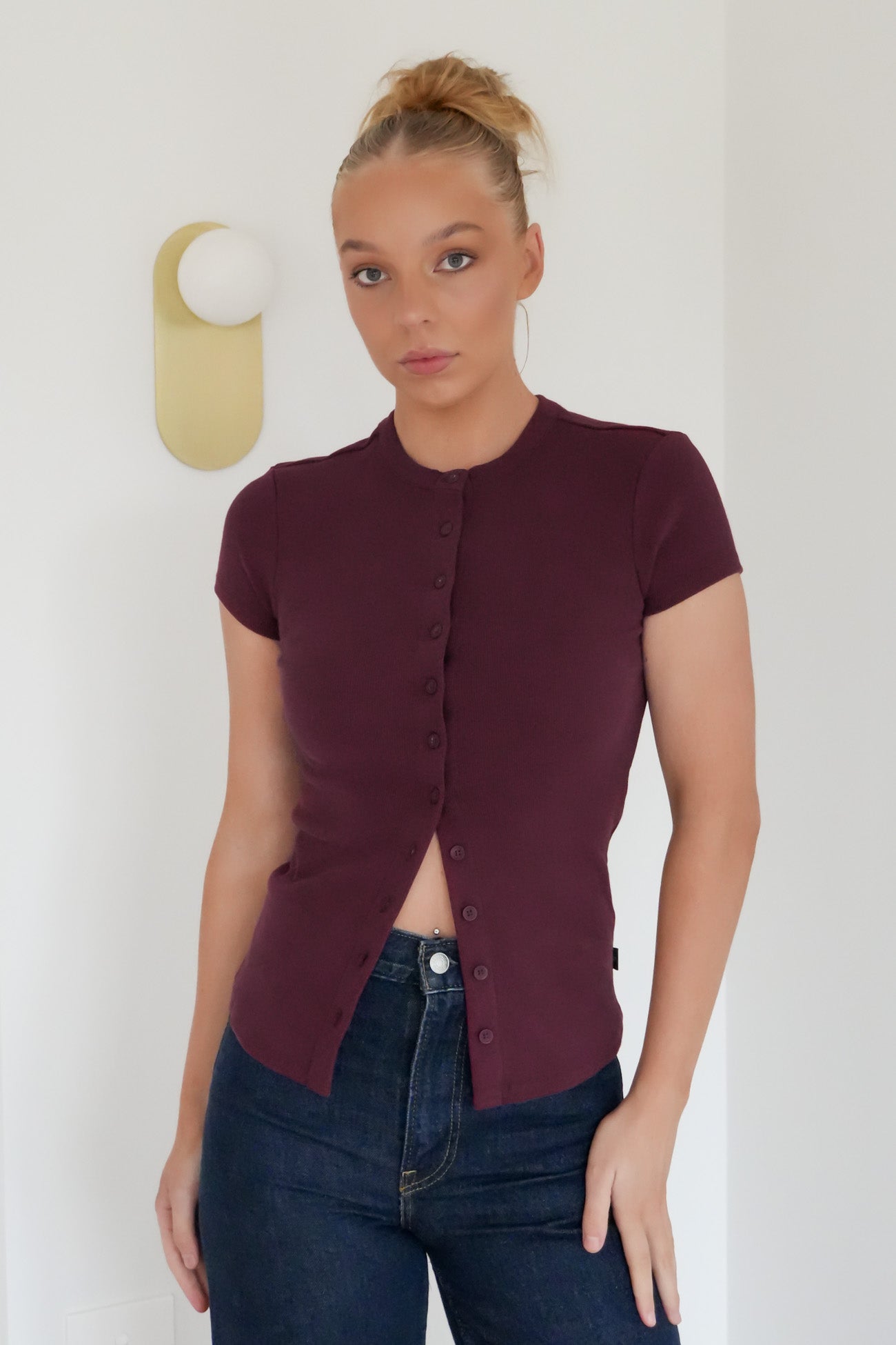 Button Up Short Sleeve Tee Cherry