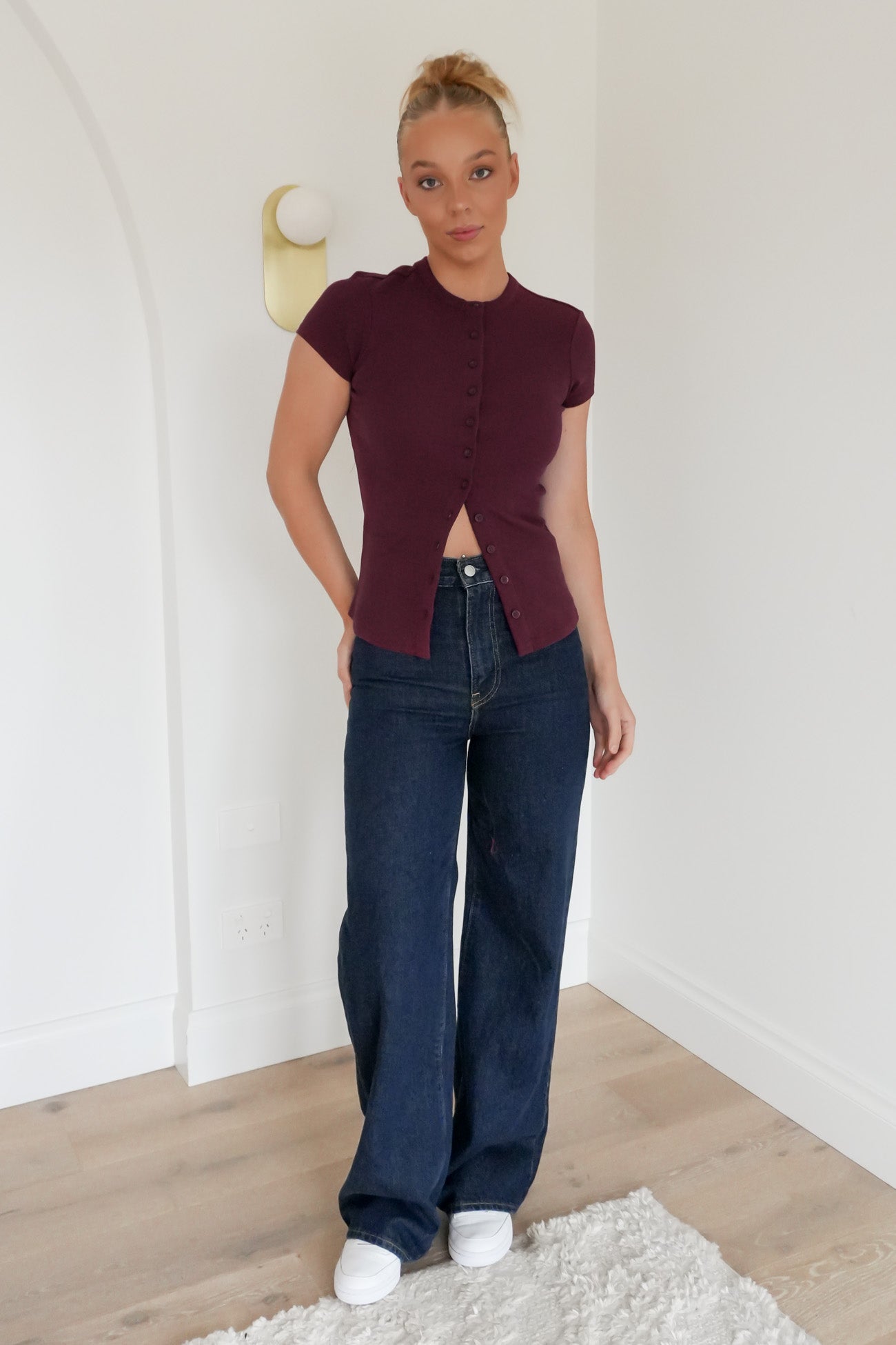 Button Up Short Sleeve Tee Cherry