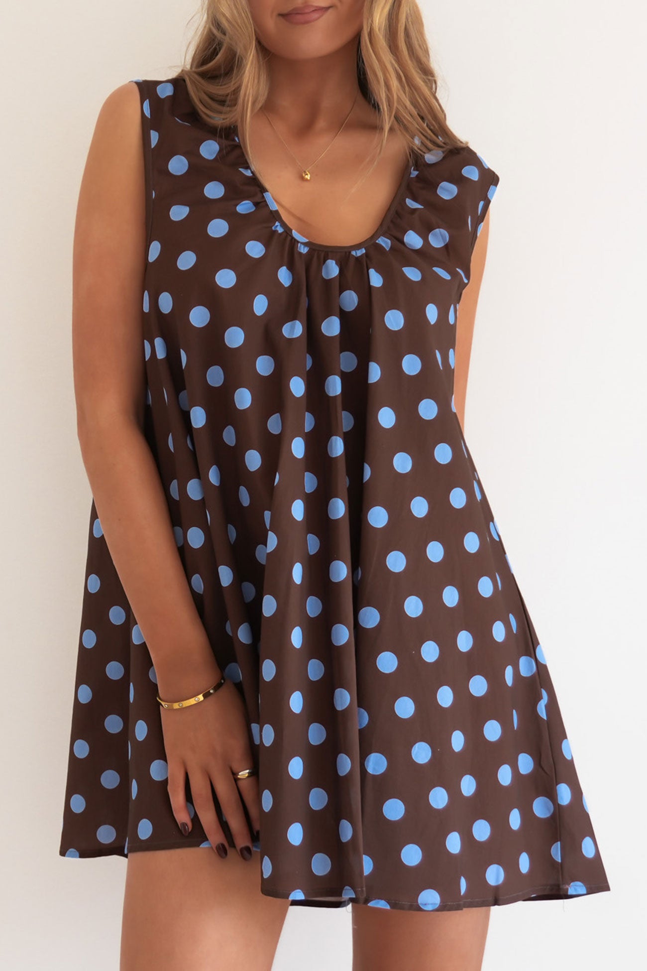 Caitlin Mini Dress Chocolate Blue Polka Dot