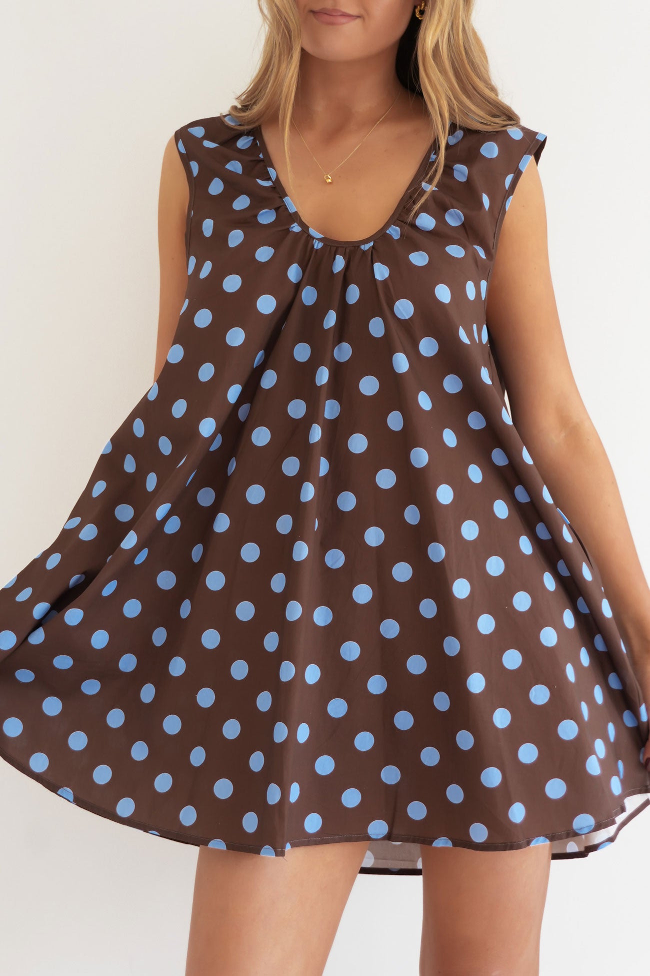 Caitlin Mini Dress Chocolate Blue Polka Dot