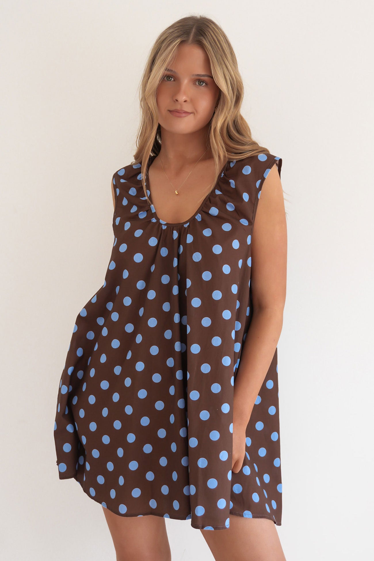 Caitlin Mini Dress Chocolate Blue Polka Dot