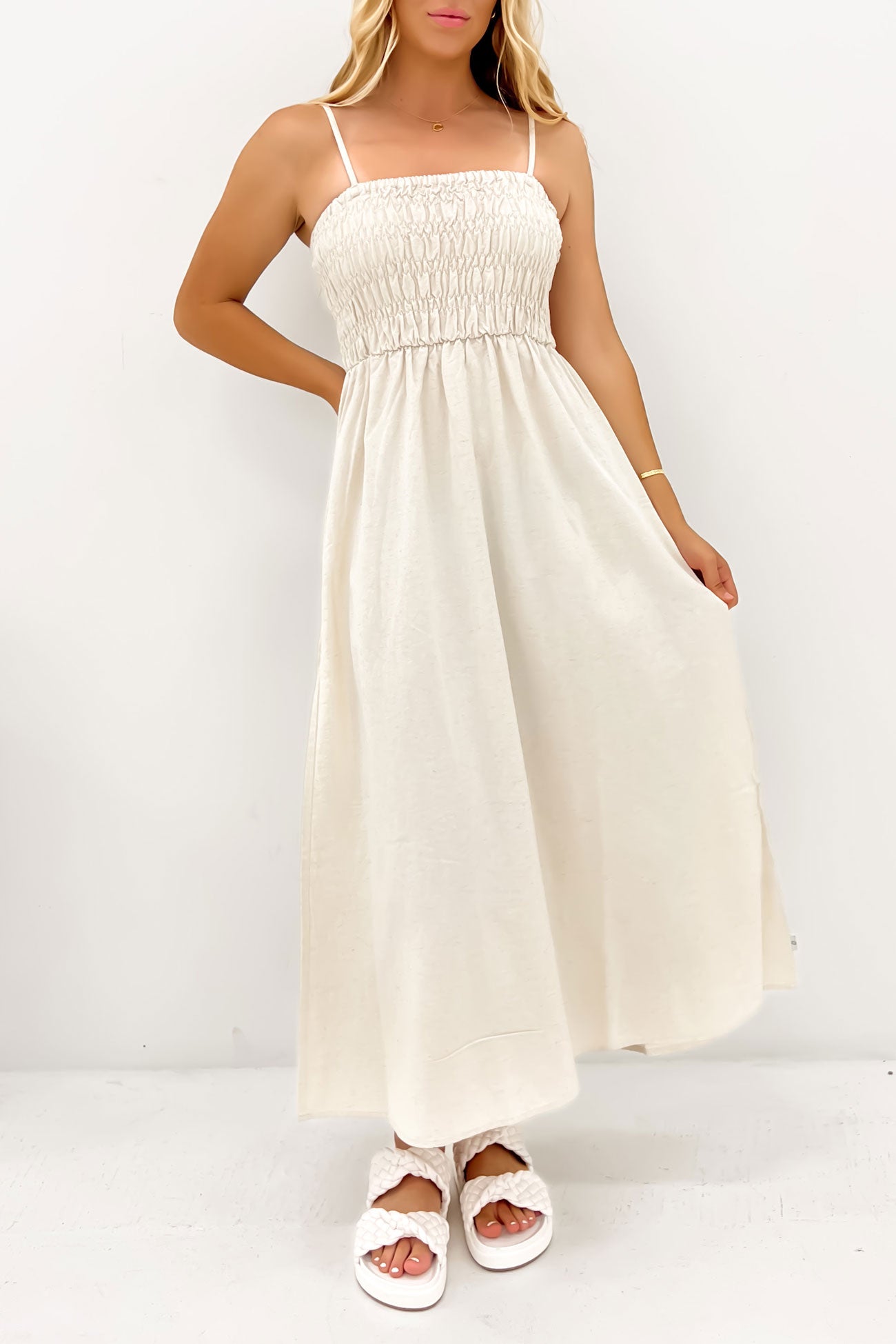 Classic Shirred Midi Dress Oat