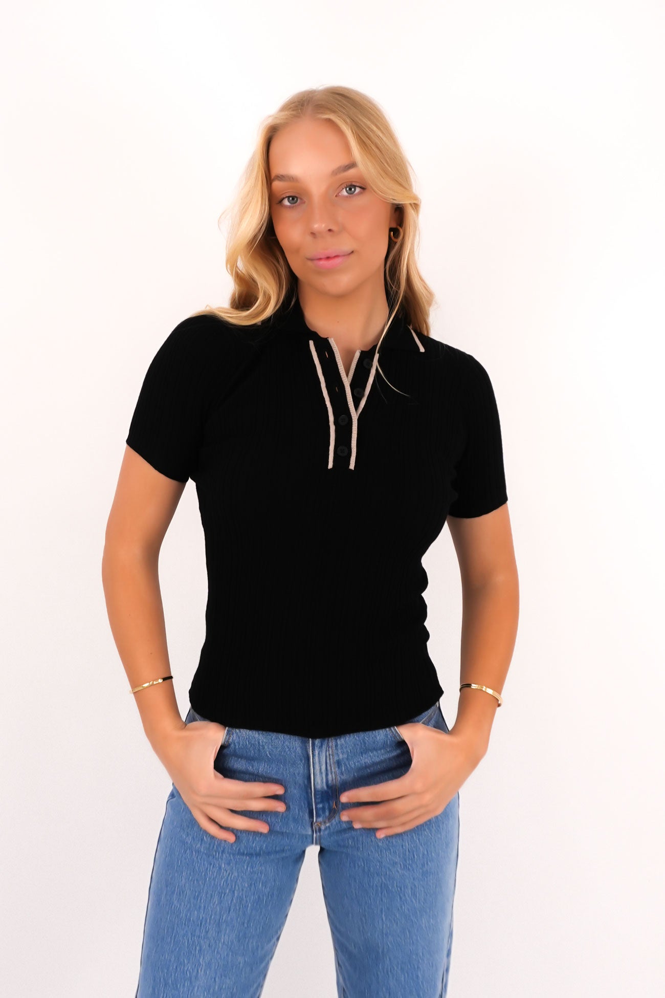 Clover Polo Top Black