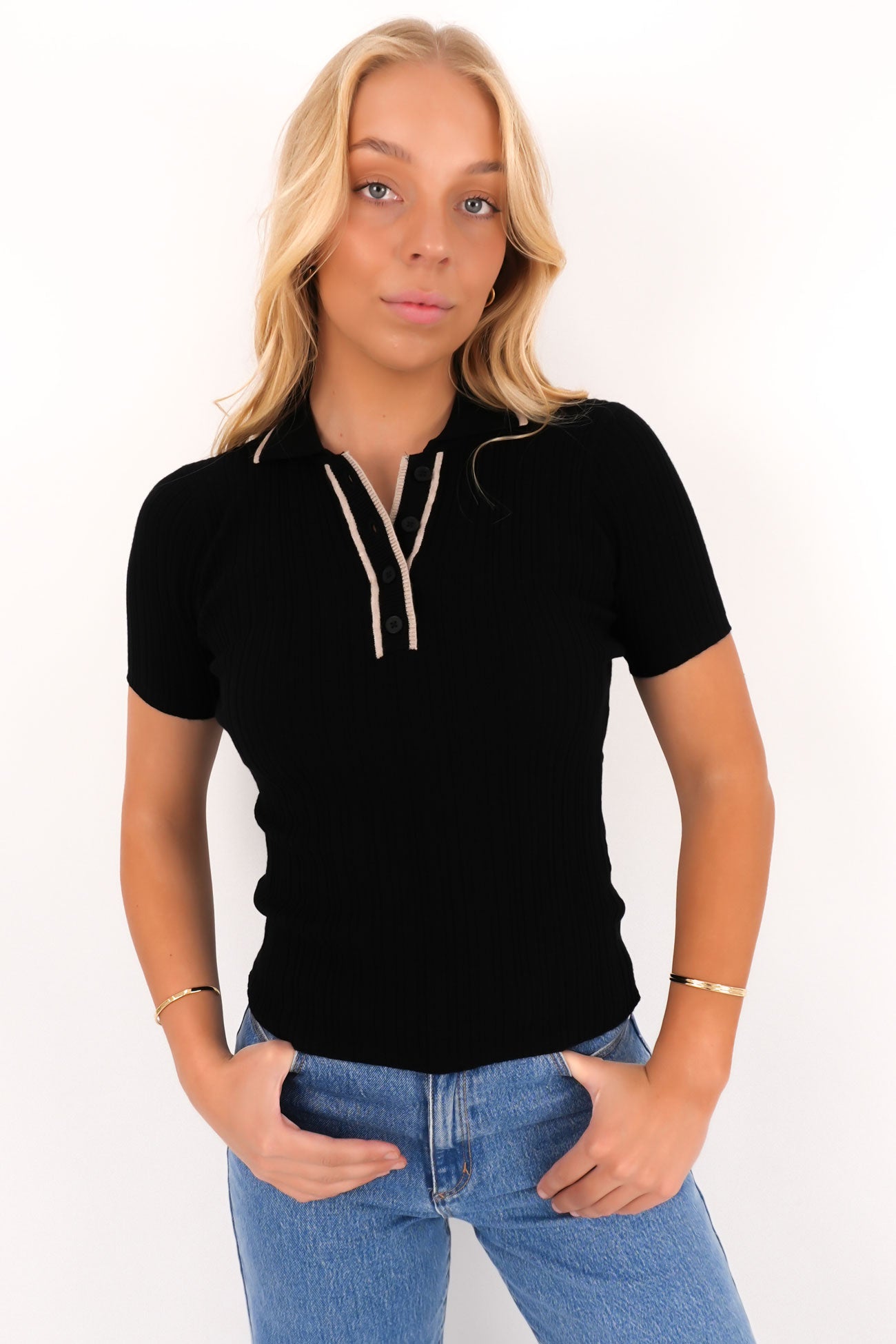 Clover Polo Top Black