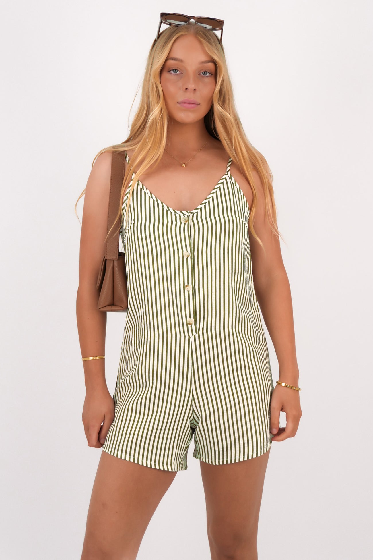 Cove Stripe Adjustable Romper Aloe