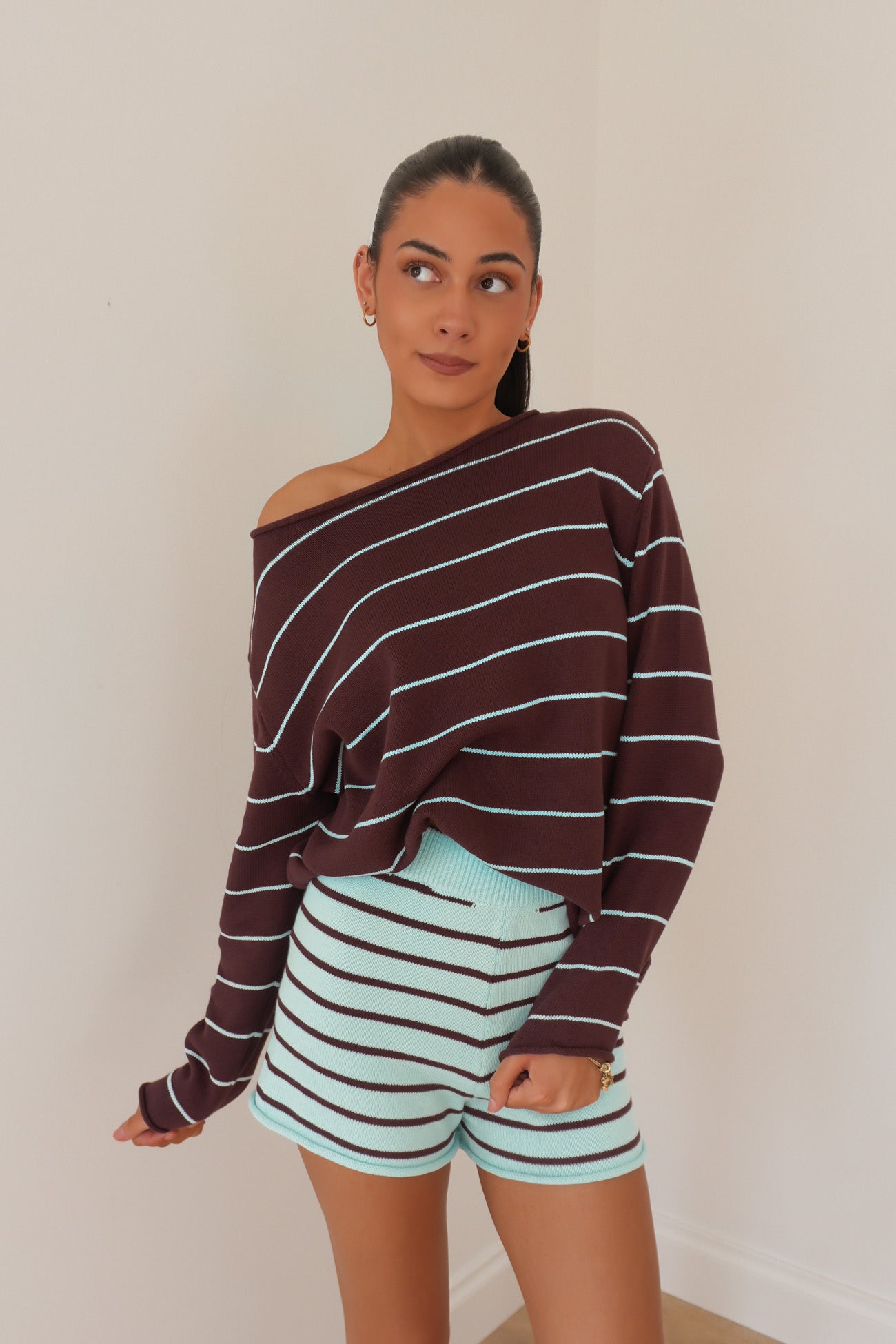 Danney Knit Jumper Chocolate Aqua Stripe