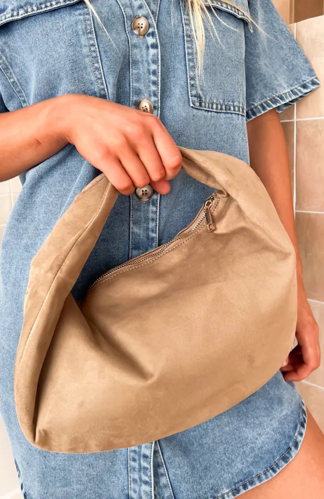 Elena Handle Bag Stone Suede