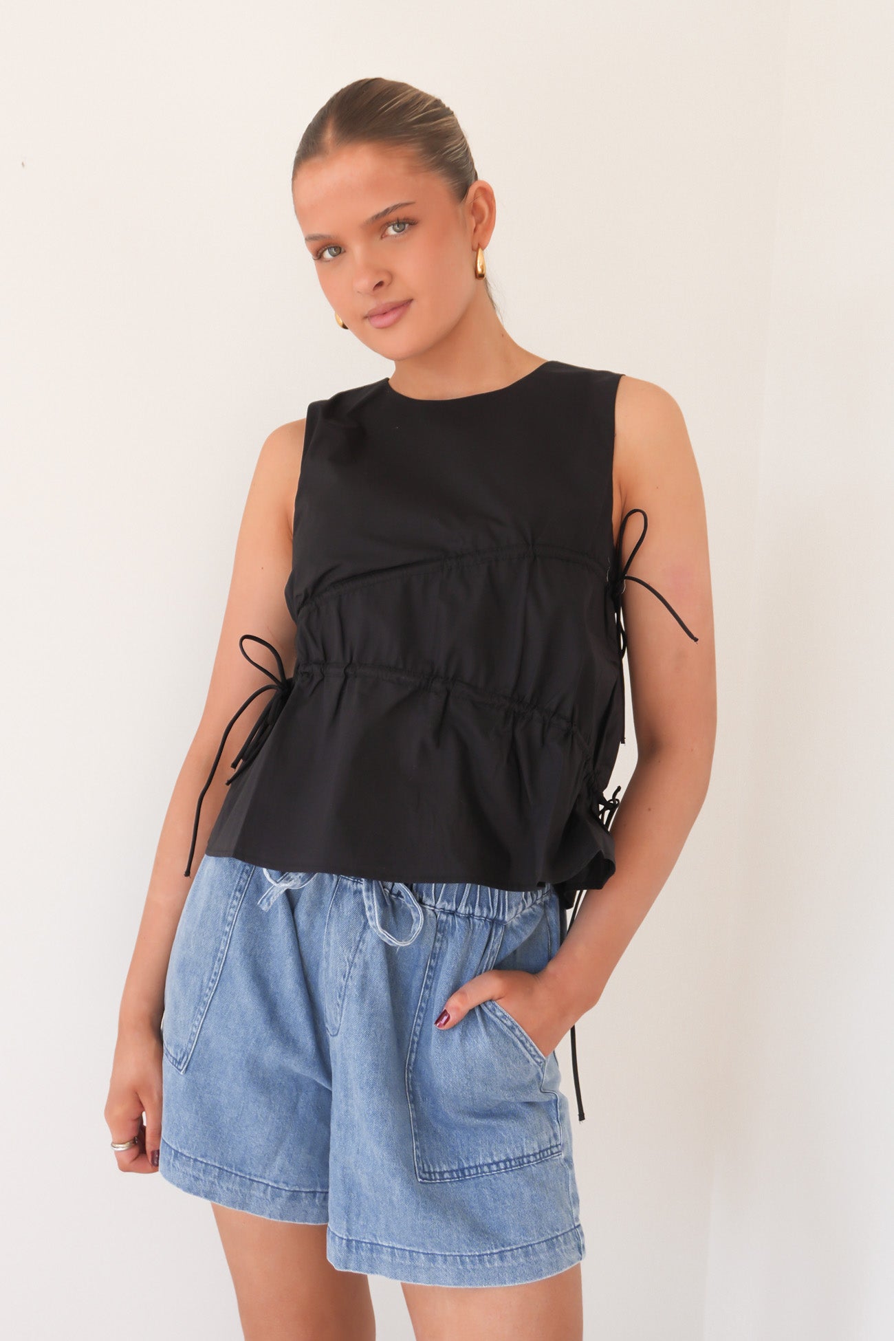 Elin Gathered Tie Top Black