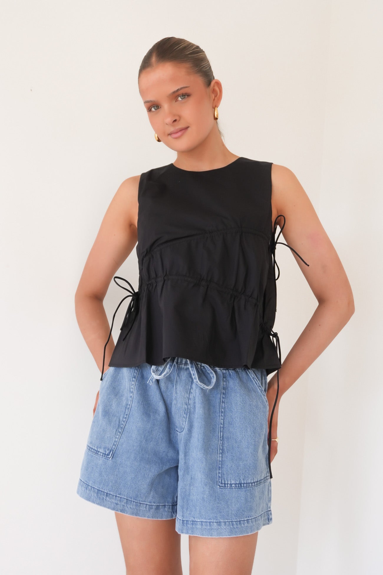 Elin Gathered Tie Top Black