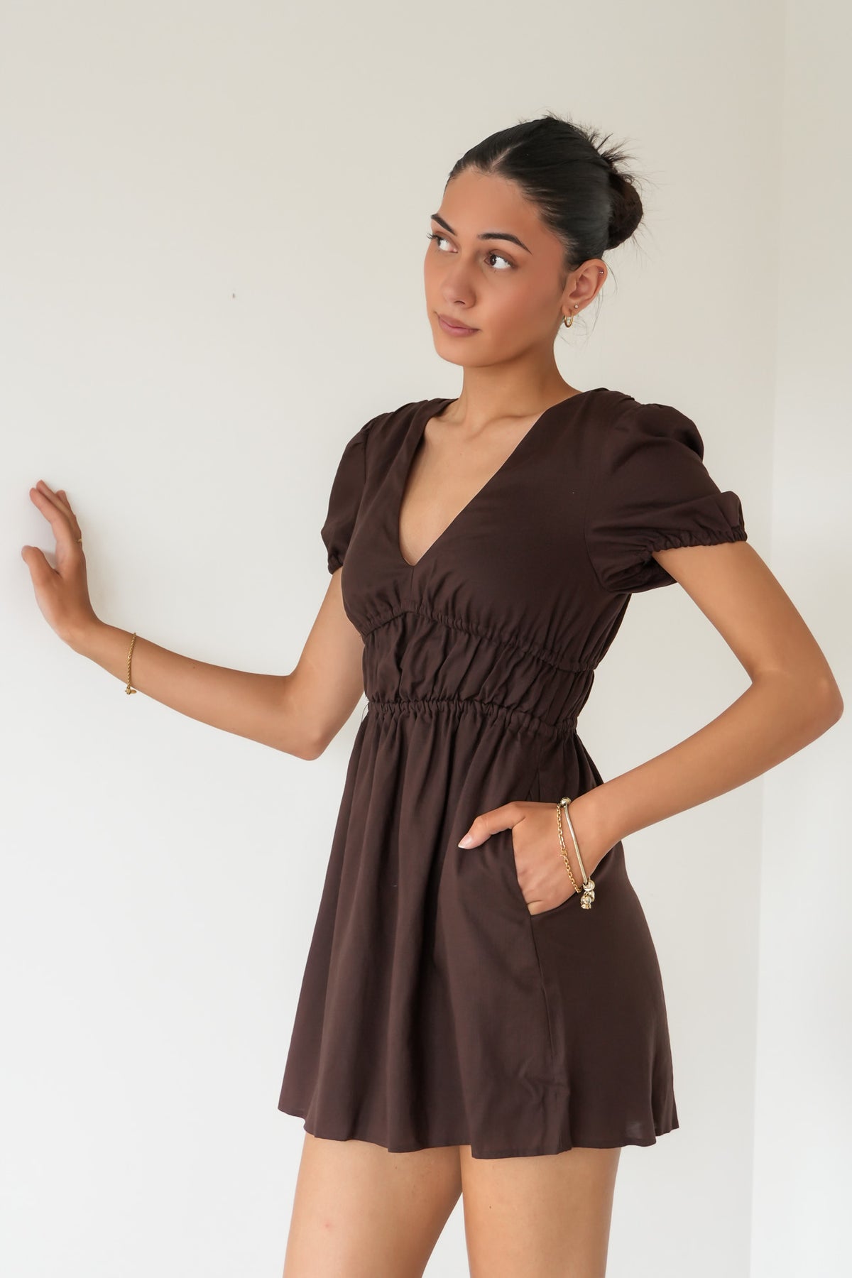Fern Linen Short Sleeve Dress Brown