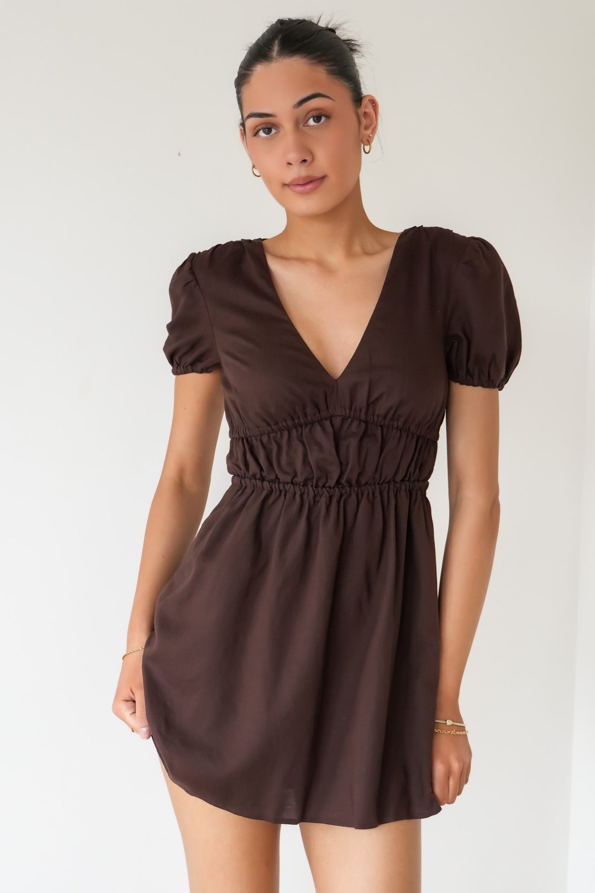 Fern Linen Short Sleeve Dress Brown