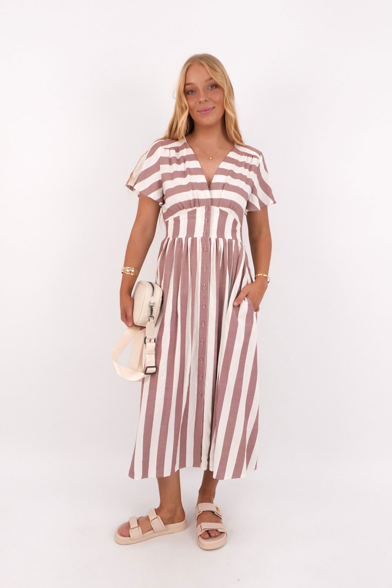 Gianna Midi Dress Mocha Stripe