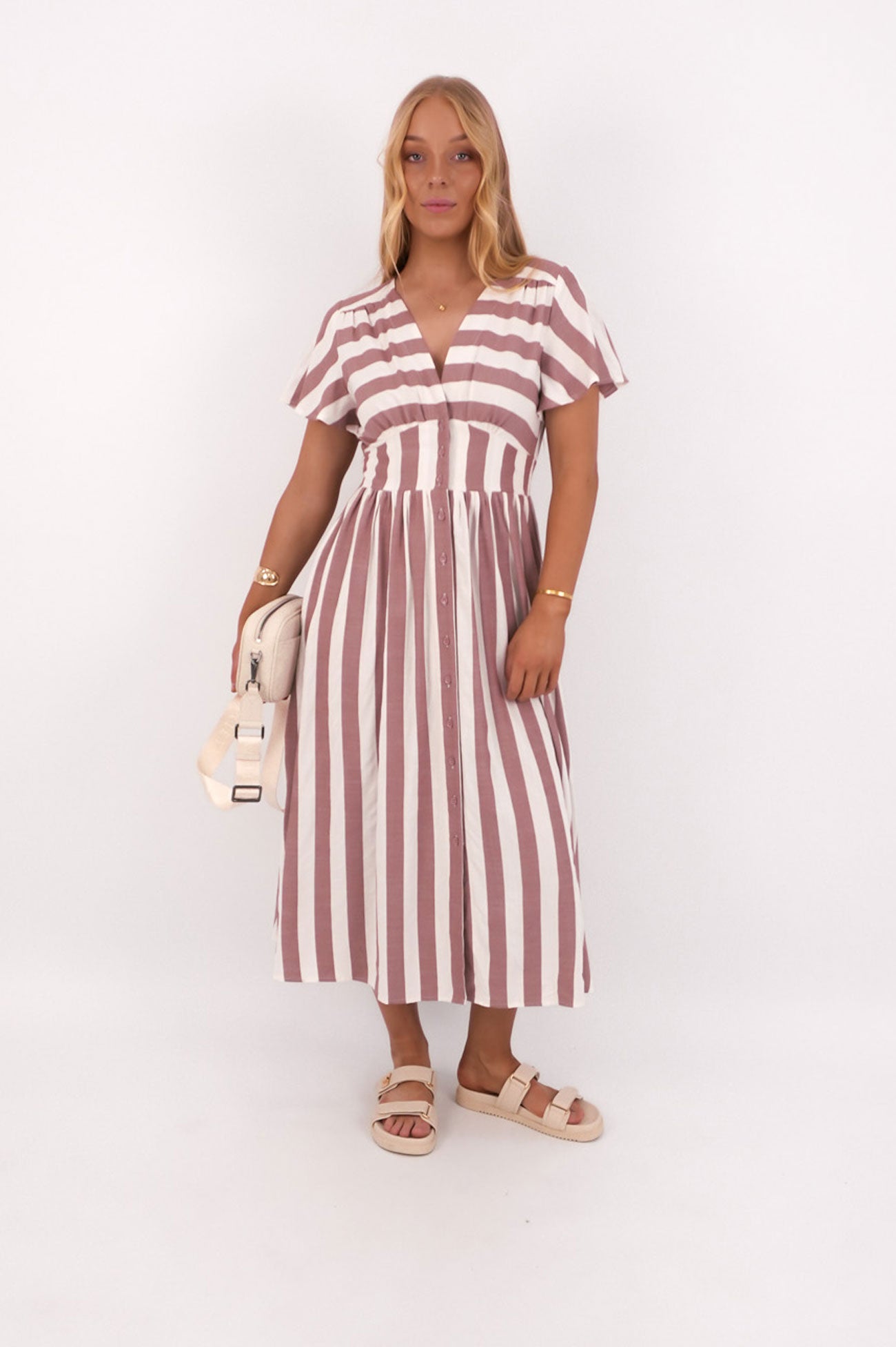 Gianna Midi Dress Mocha Stripe