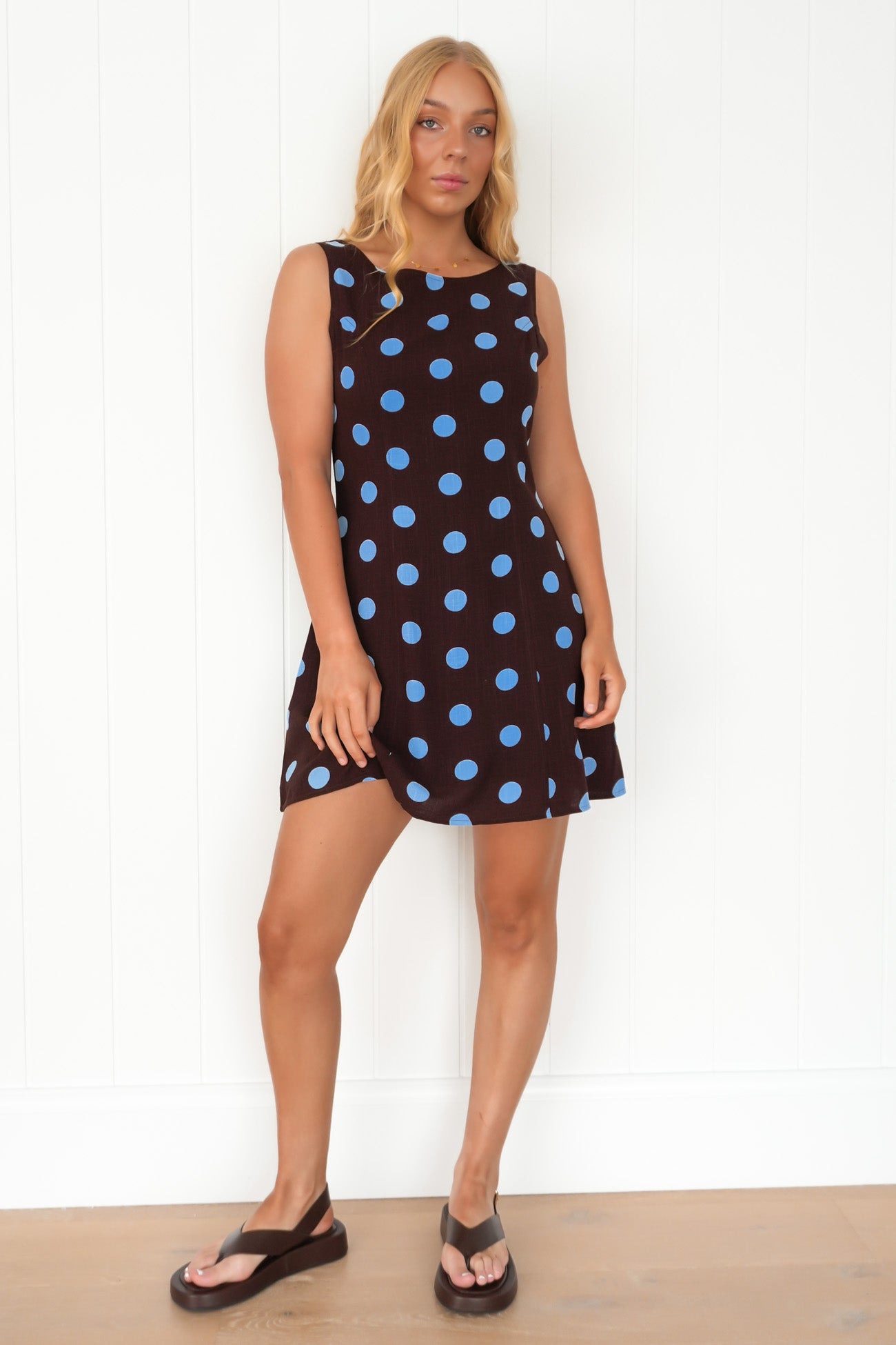 Gwen Mini Dress Chocolate Blue Polka Dot