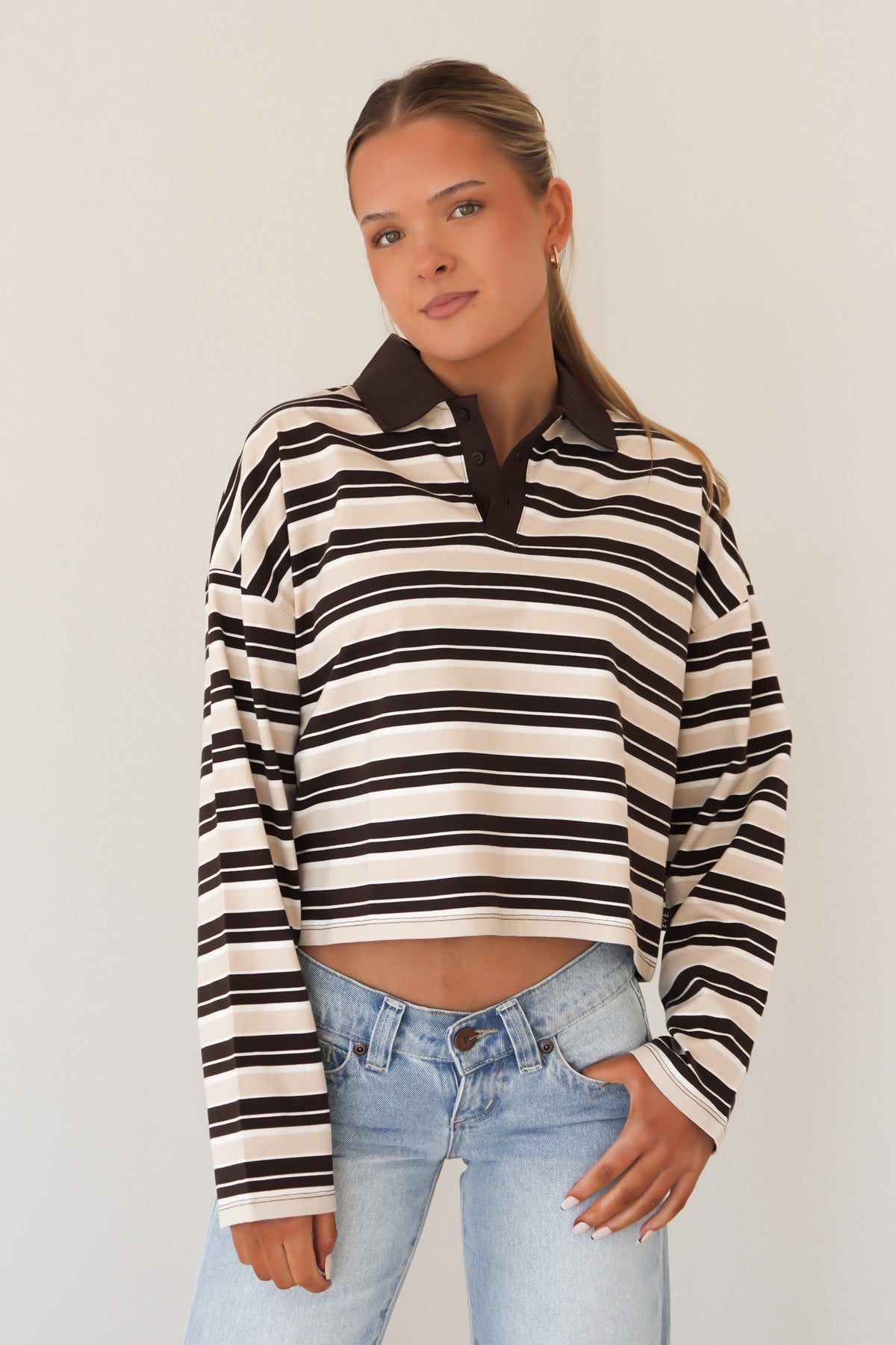 Harri Stripe Long Sleeve Rugby Top Brown