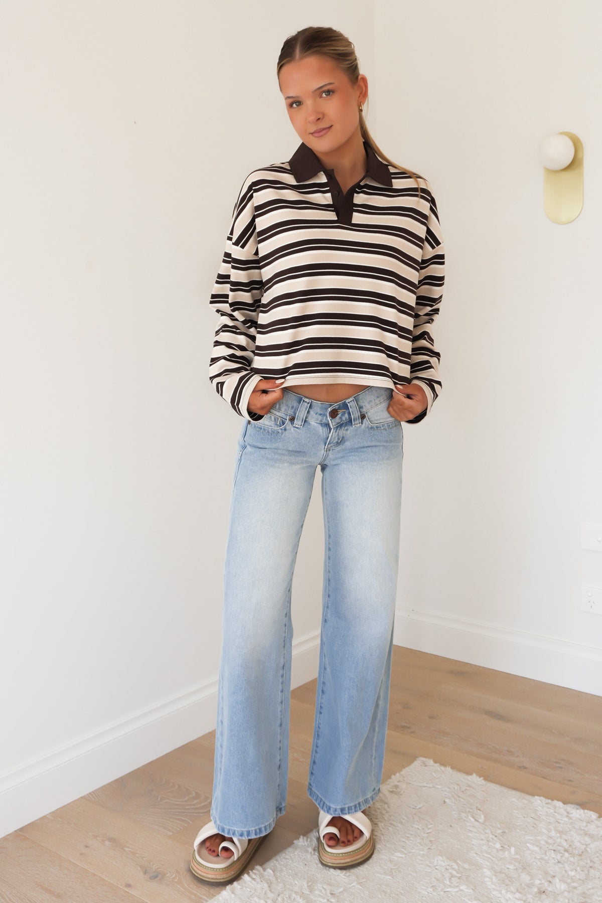 Harri Stripe Long Sleeve Rugby Top Brown