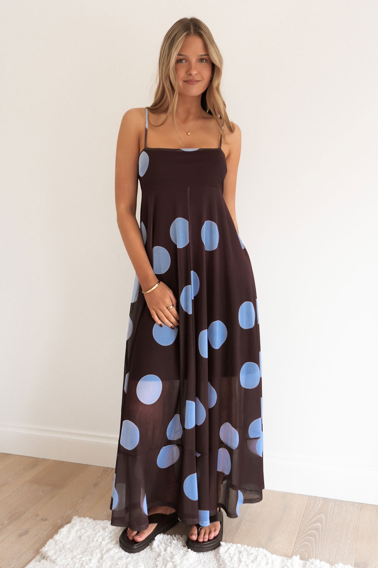 Jeane Maxi Dress Chocolate Blue Polka Dot