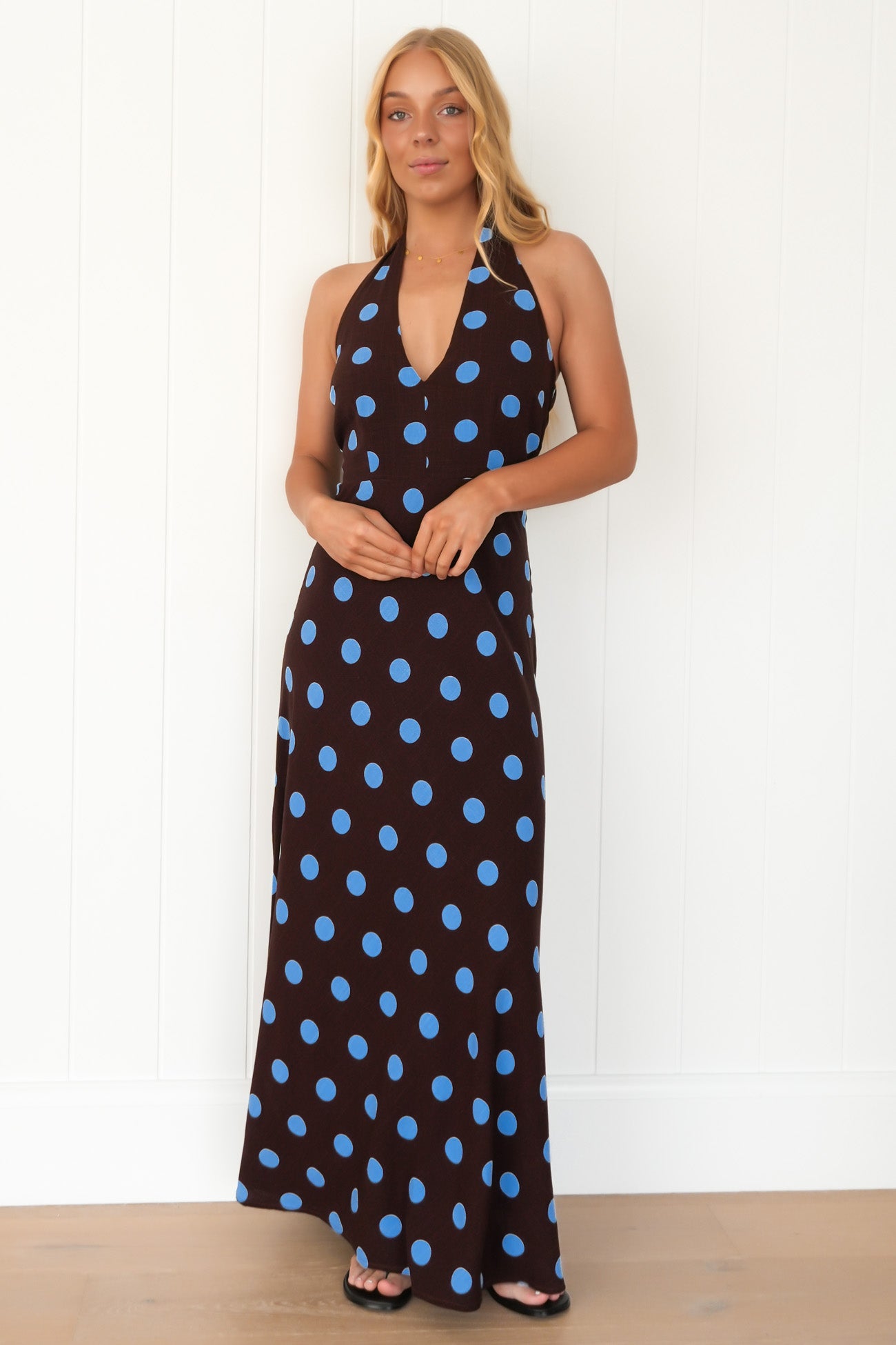 Jen Maxi Dress Chocolate Blue Polka Dot