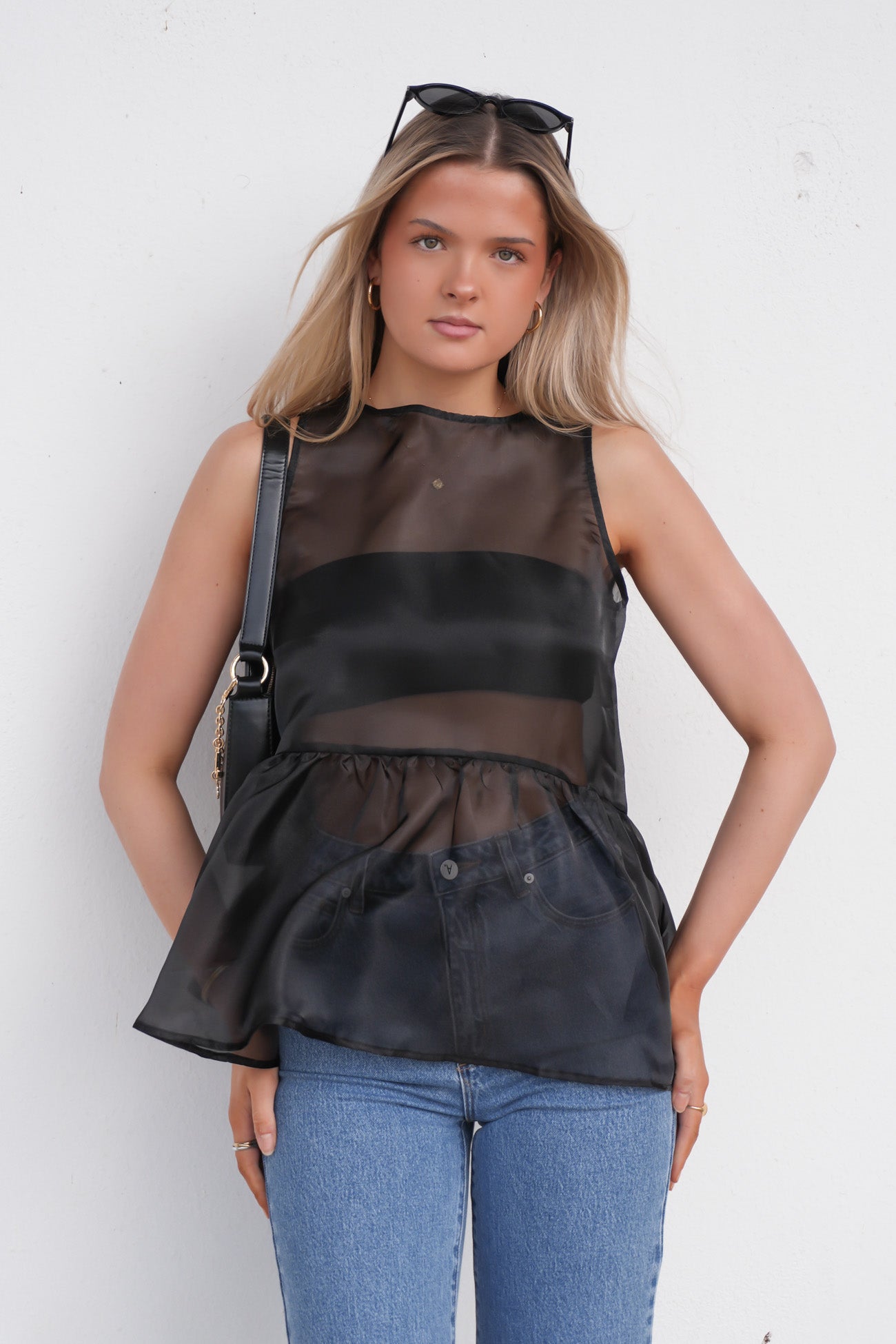 Jhidyn Sheer Peplum Top Black
