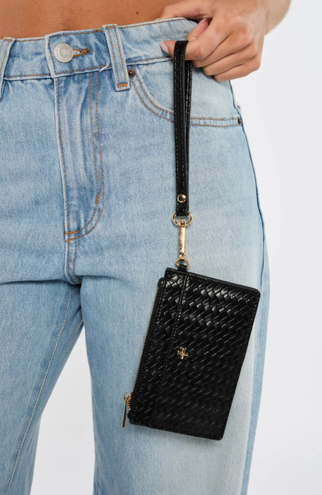 Keira Zip Card Wallet Black Weave Gold