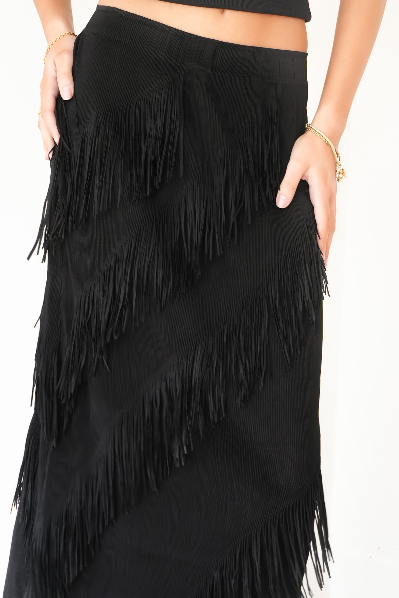 Keely Fringe Midi Skirt Black