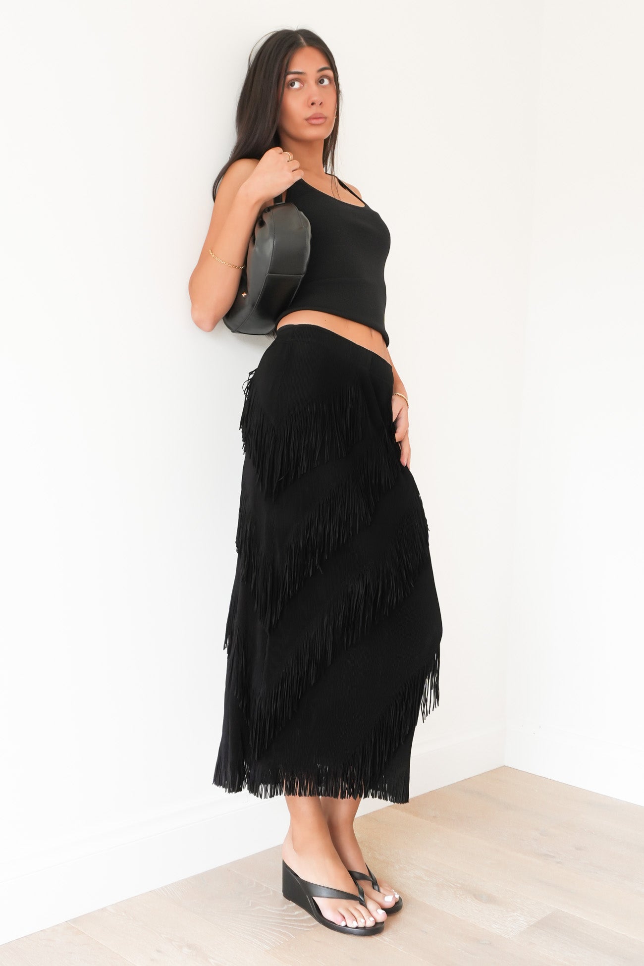 Keely Fringe Midi Skirt Black