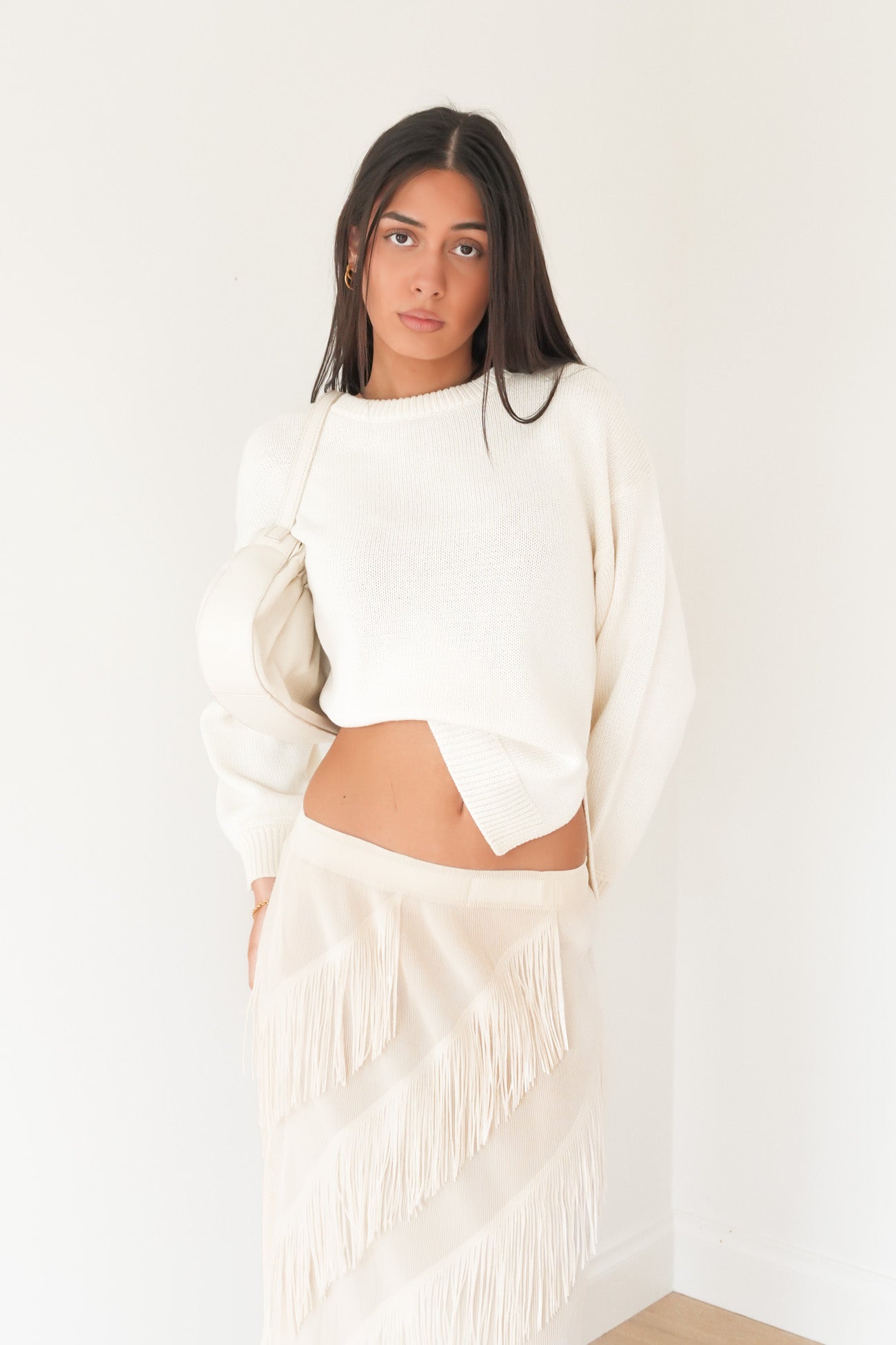 Keely Fringe Midi Skirt Ivory