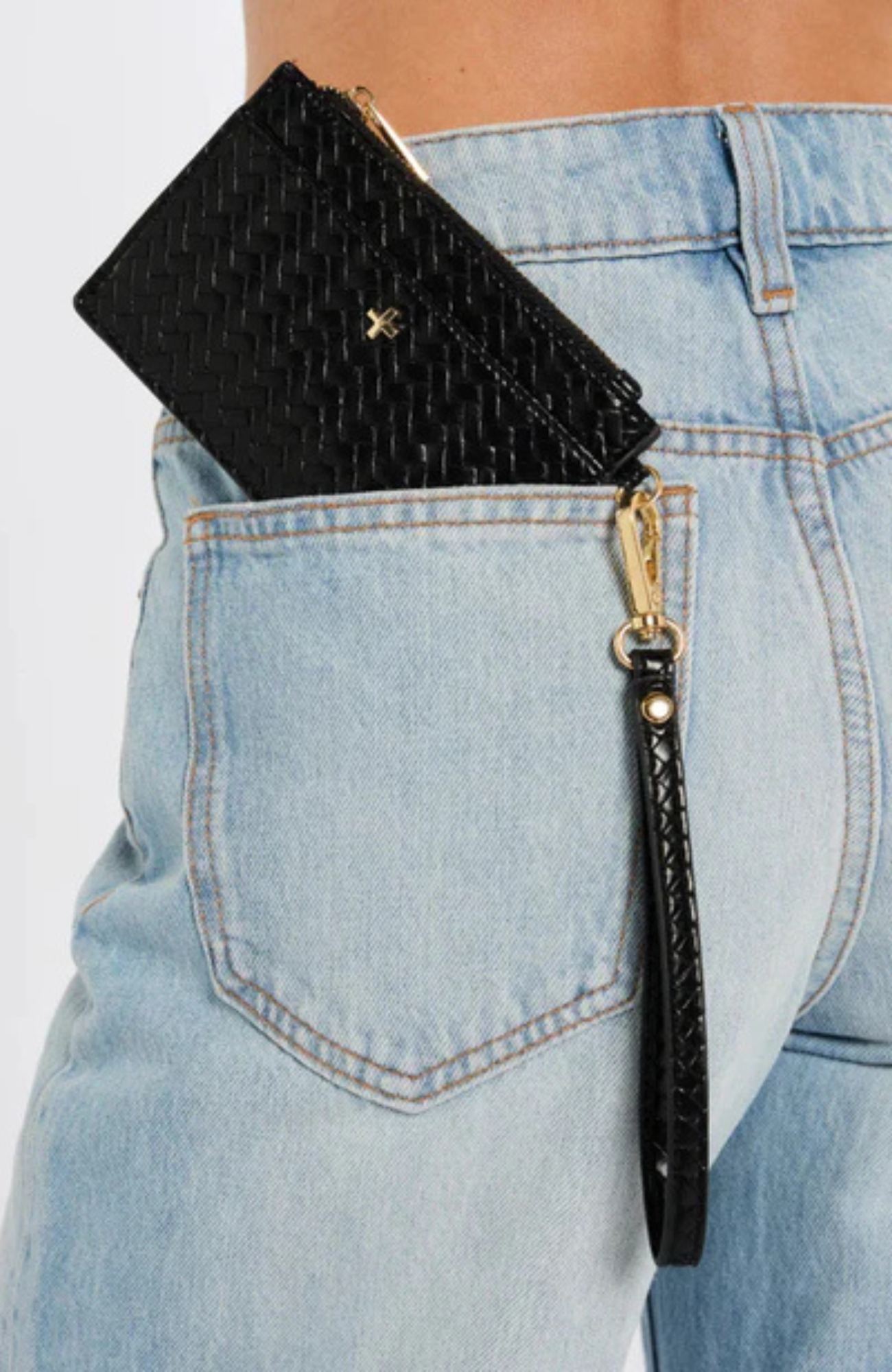 Keira Zip Card Wallet Black Weave Gold
