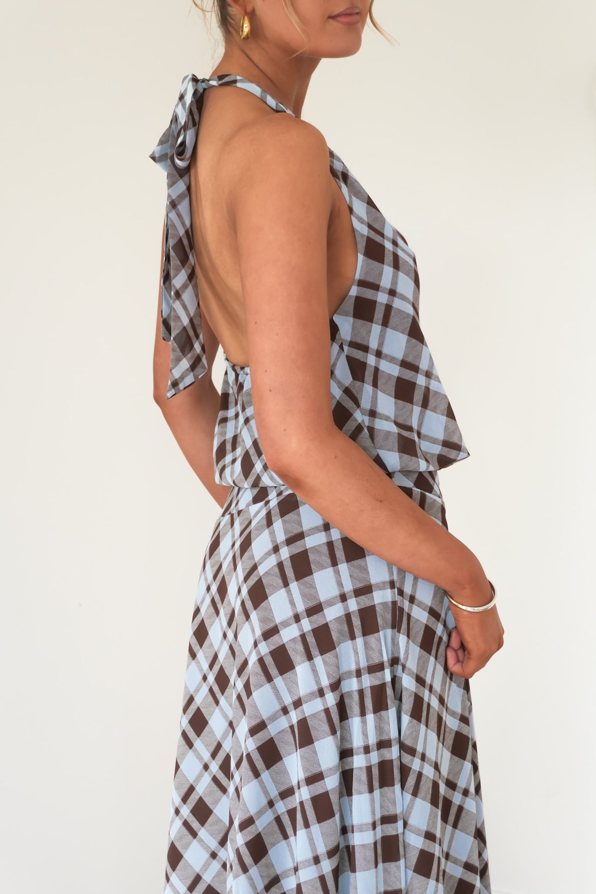 Kiera Halter Maxi Dress Chocolate Blue Check