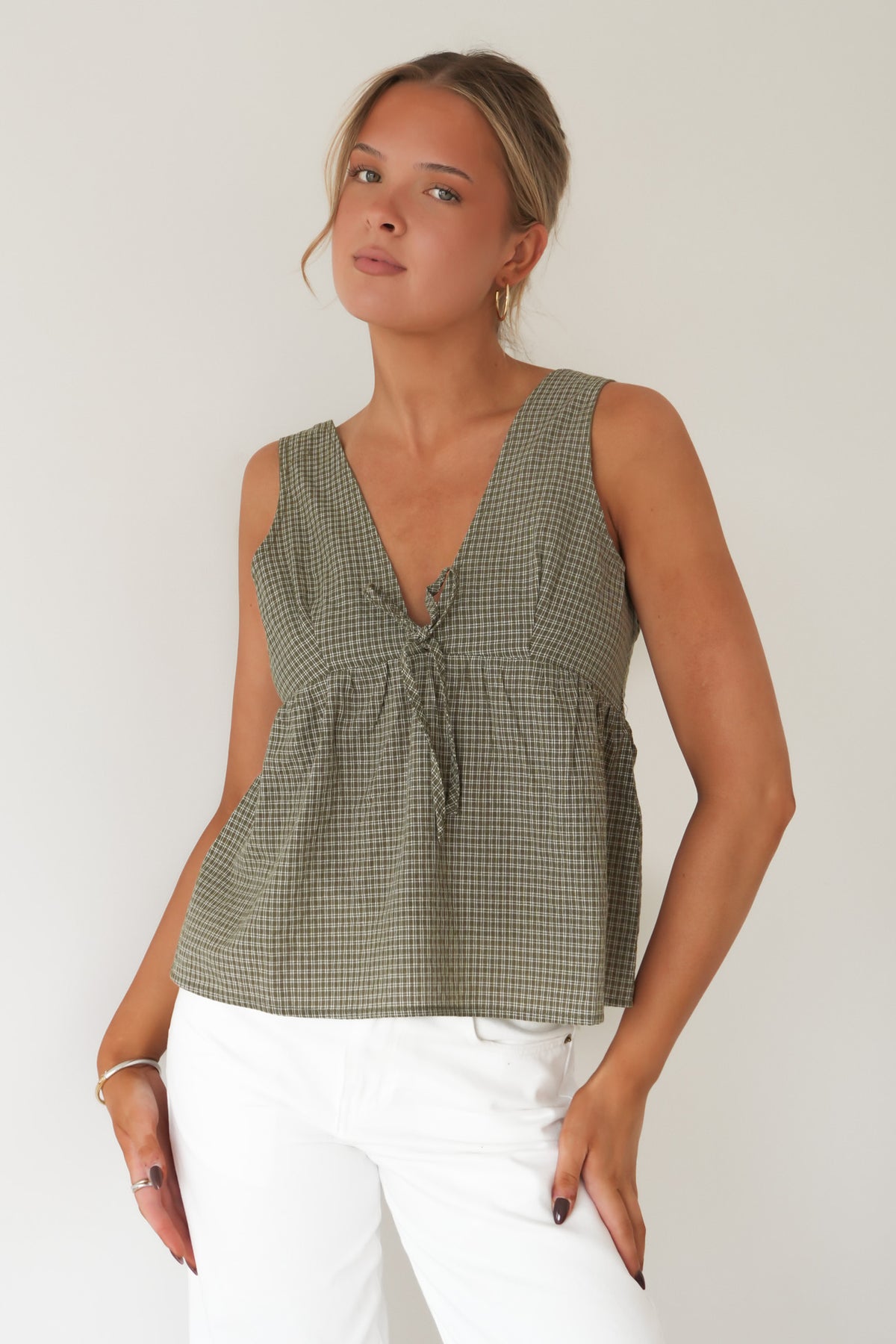 Lenni Check Babydoll Top Olive