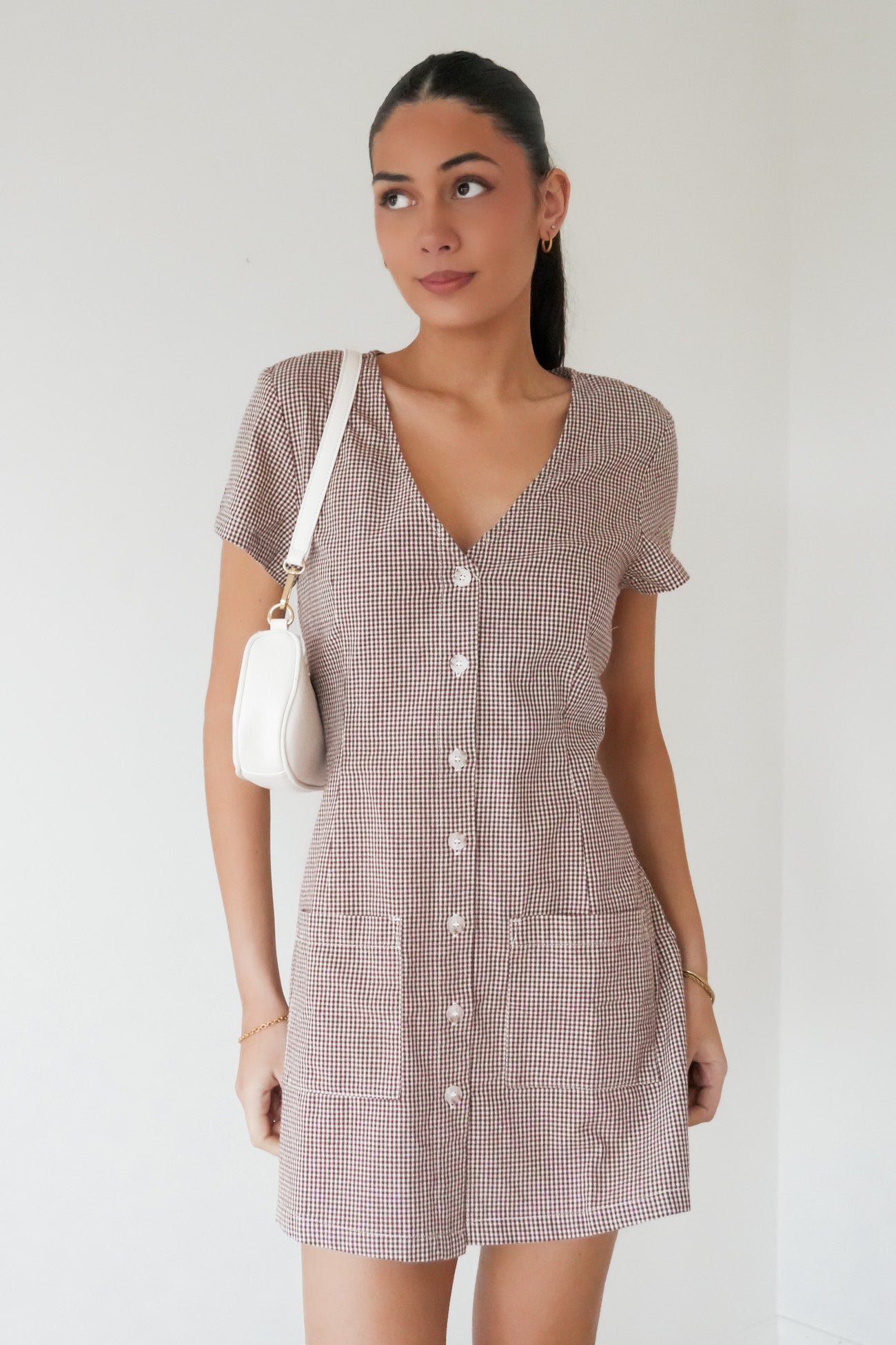 London Check Button Front Mini Dress Chocolate